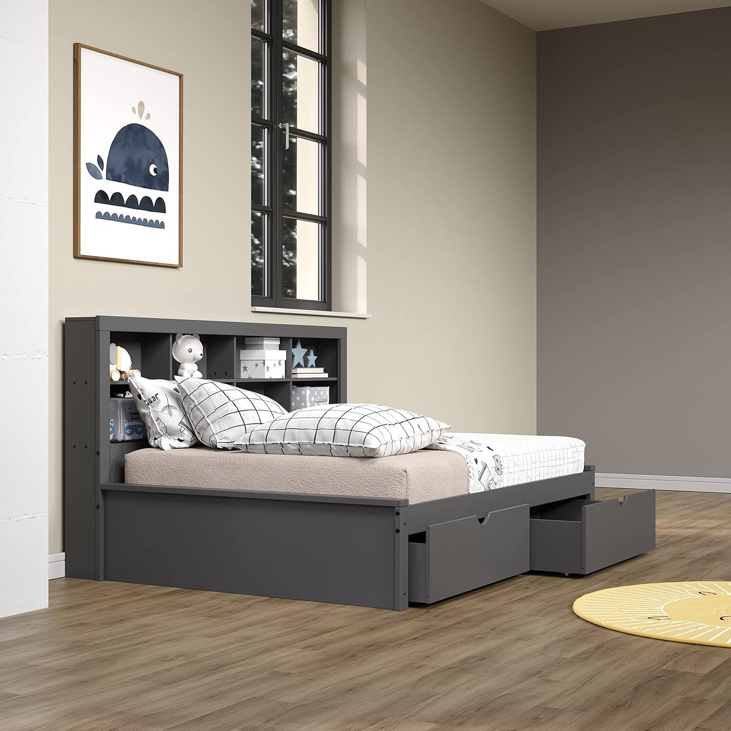 Donco Kids Bookcase Full Daybed with Dual Underbed Drawers, Full, Dark Grey