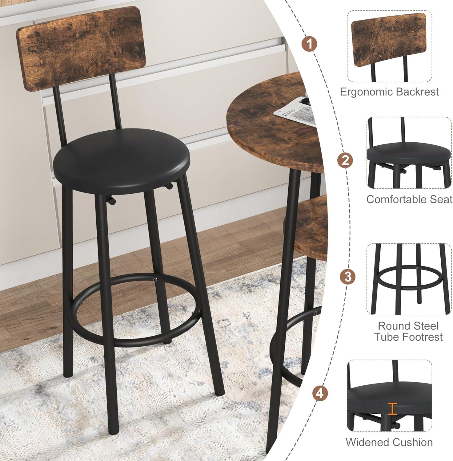 Recaceik 3 Pcs Wood Bar Set with 2 Stools, Round Wood Kitchen Table and Chairs, Brown