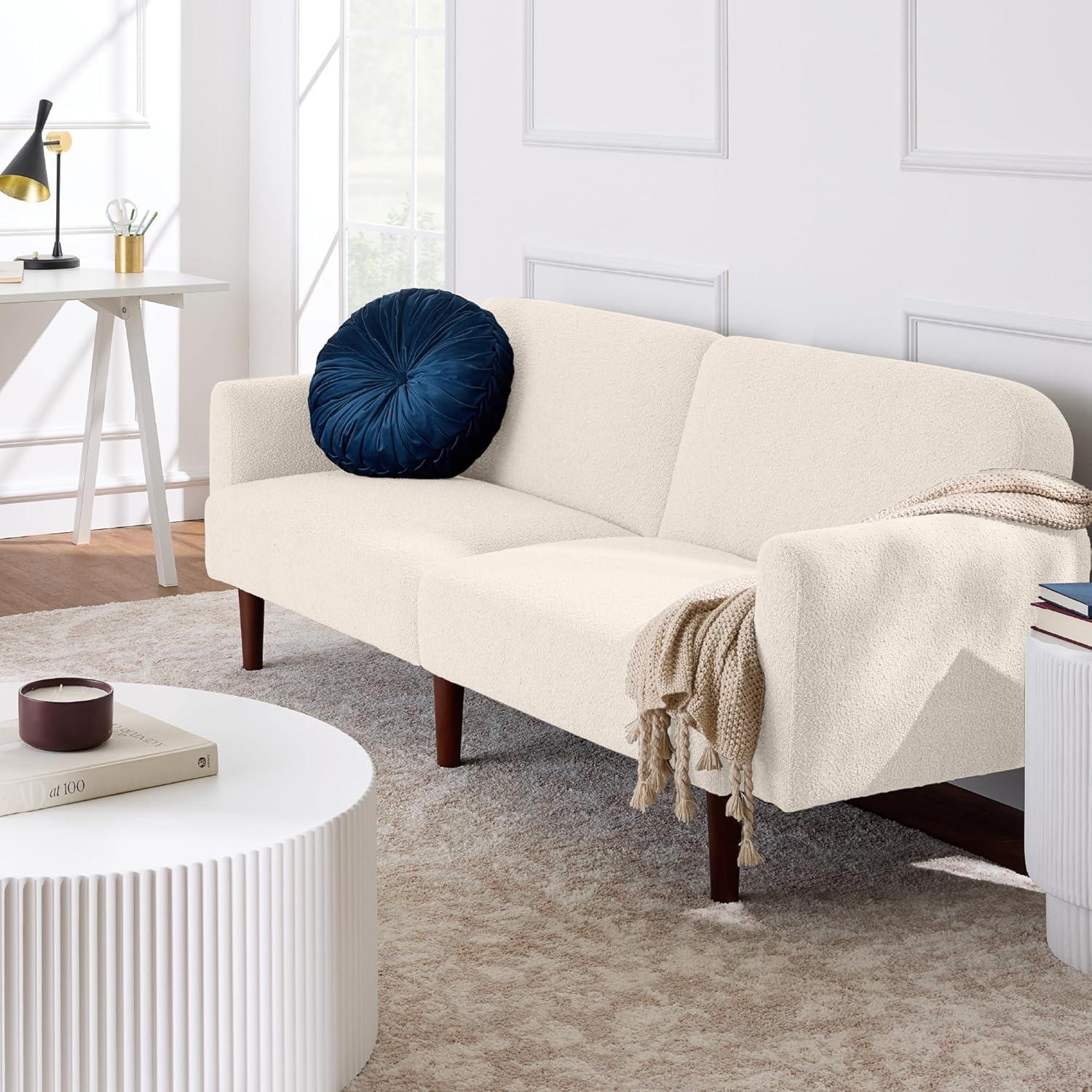 Best Choice Products Curved Convertible Futon, Boucle Fabric Split-Back Sleeper Bed - Ivory