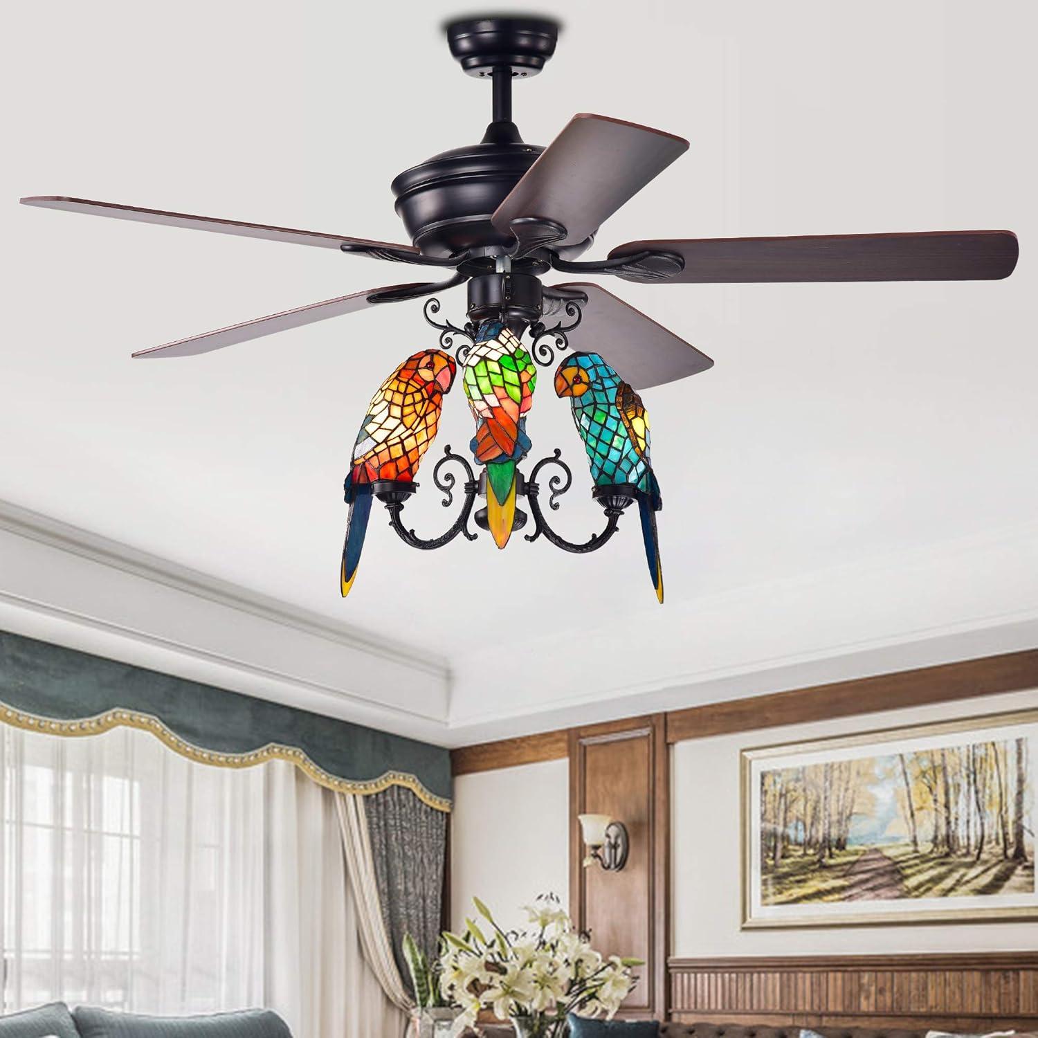 Korubo 3-light 52-inch Lighted Ceiling Fan Tiffany Style Parrot Shades (remote controlled)