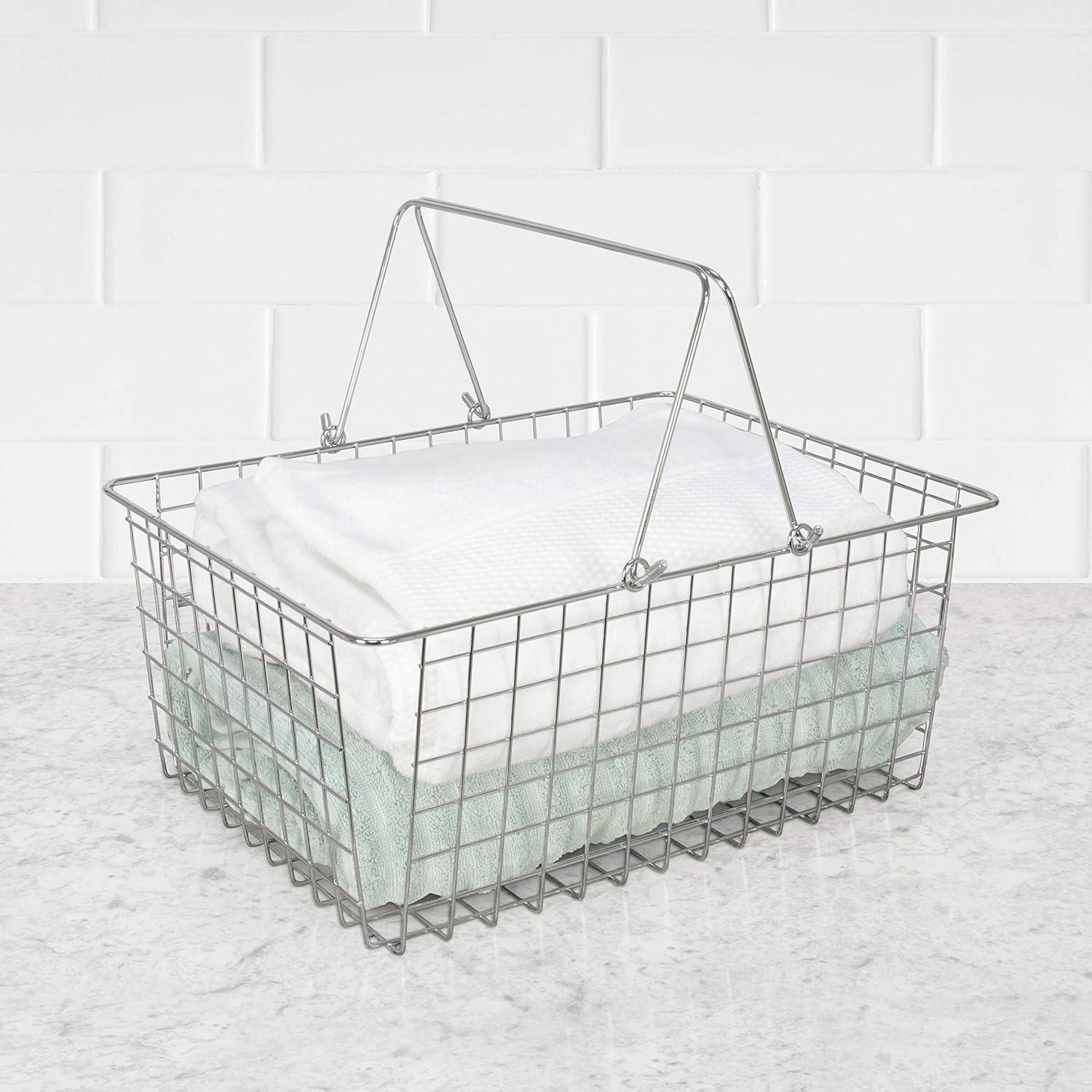 Modern Farmhouse Chrome Wire Storage Basket with Rubberized Handles