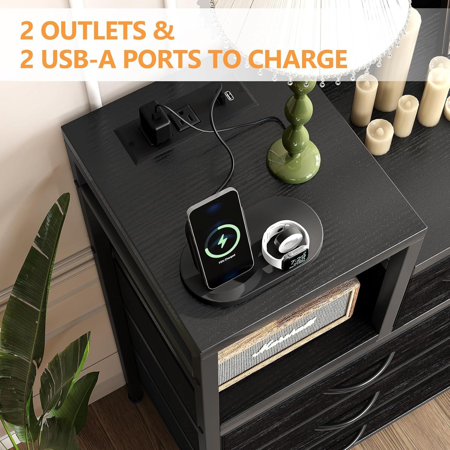 TROPOW TV Stand with Charging Station, Bedroom Dresser for Living Room TV Stand with 9 Drawers, Vintage,Black