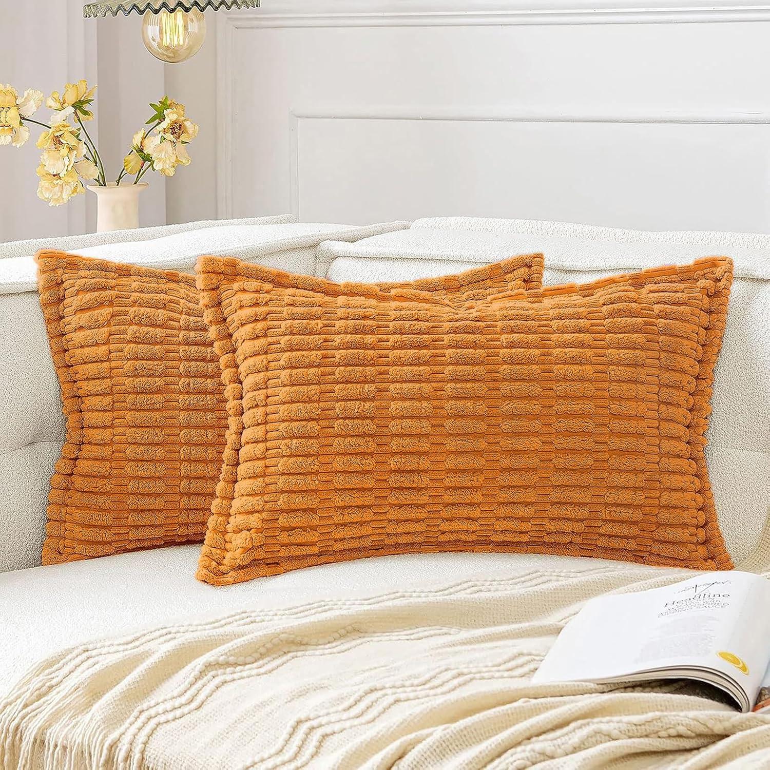 Boho Sage Green Striped Corduroy Pillow Covers - Set of 2 | Farmhouse Rectangle Cushion Cases for Sofa Couch Bed | Soft Decorative Throw Pillowcases - 12x20 Inch Home Decor