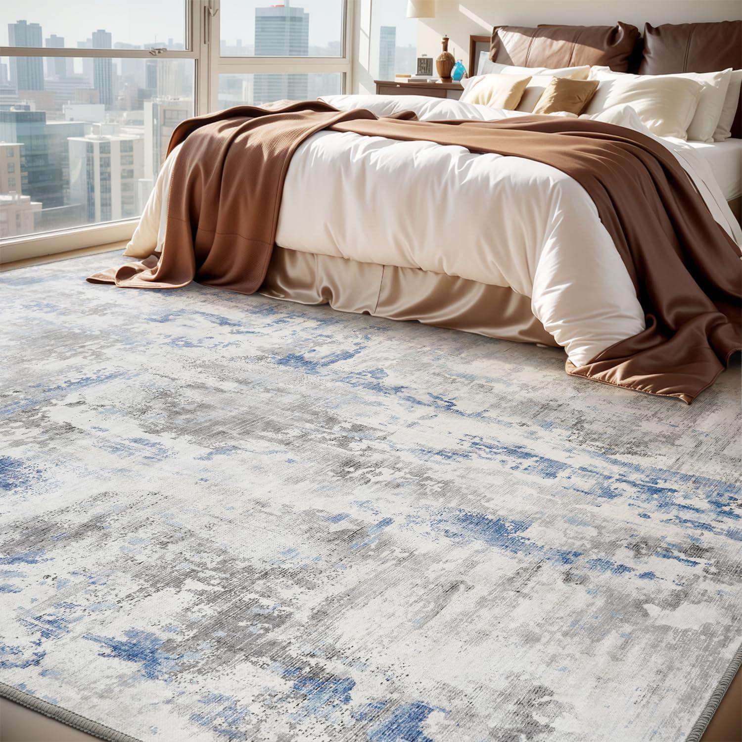 WhizMax 5'x7' Modern Blue Abstract Area Rug Machine Washable Contemporary Rug Soft Foldable Thin Accent Rug Anti-Slip Non-Shedding Floor Carpet