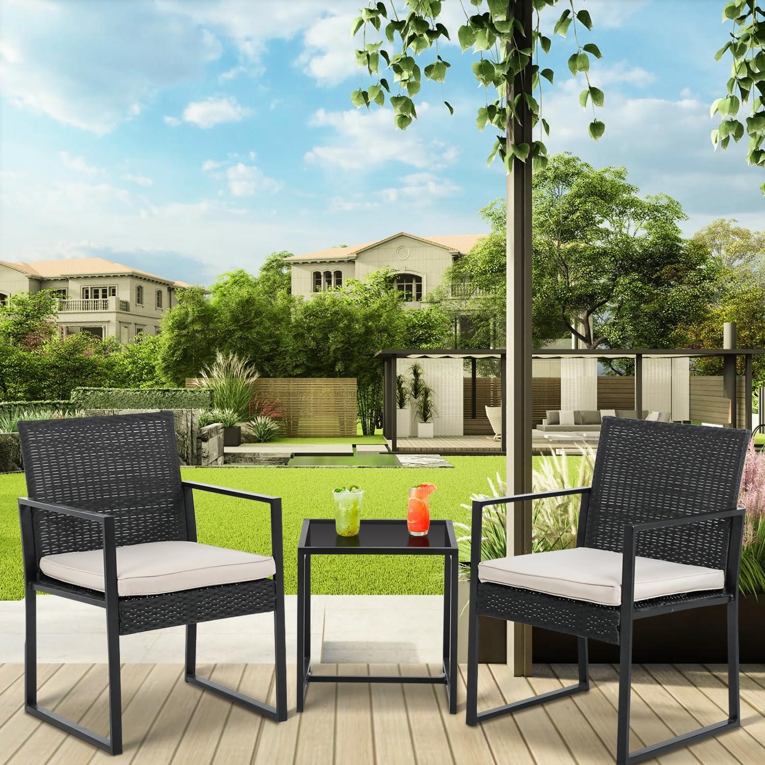 FDW Rattan Patio Furniture Set of 3 Outdoor Conversation Set Water Resistant Bistro Set for Poolside Balcony Patio Bar Garden