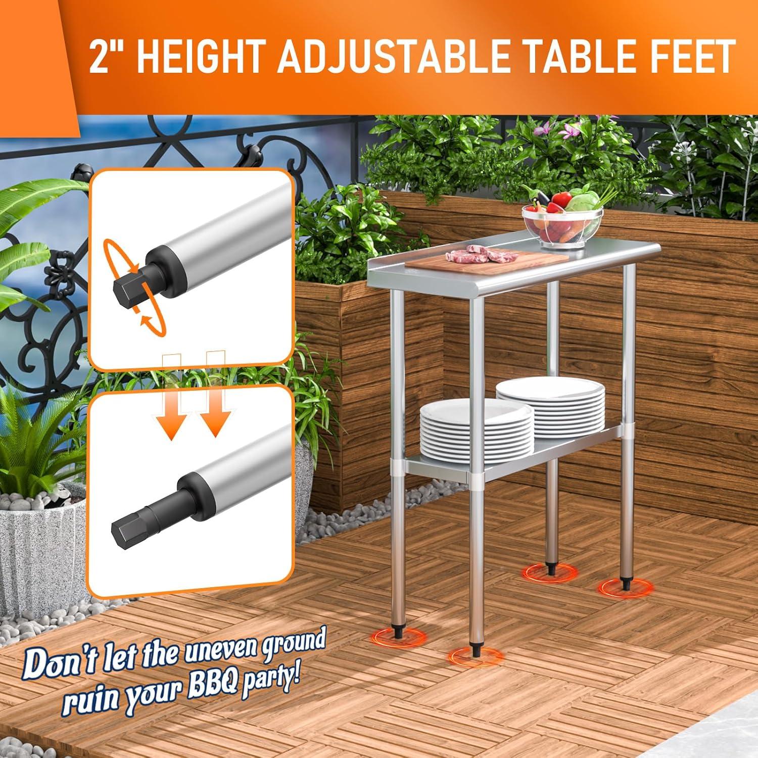 Stainless Steel Table 24" x 30" with Adjustable Undershelf and Backsplash, Commercial Metal Workstations for Kitchen, Garage, Outdoor BBQ