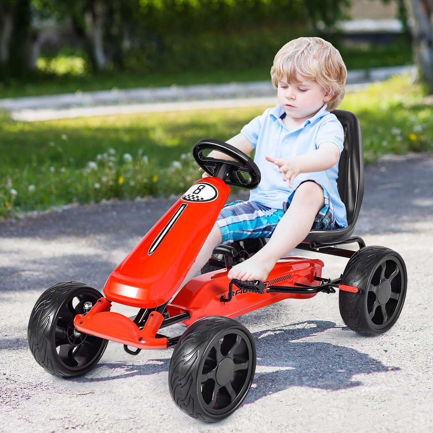 Costway Xmas Gift Go Kart Kids Ride On Car Pedal Powered Car 4 Wheel Racer Toy Stealth Outdoor Red