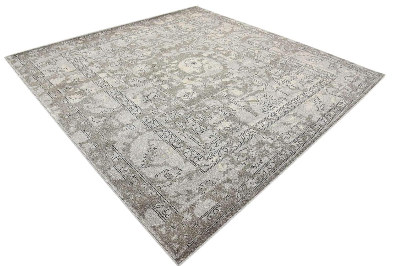 Unique Loom La Jolla Collection Contemporary, Abstract, Vintage, Border Area Rug, 8 ft x 8 ft, Gray/Silver