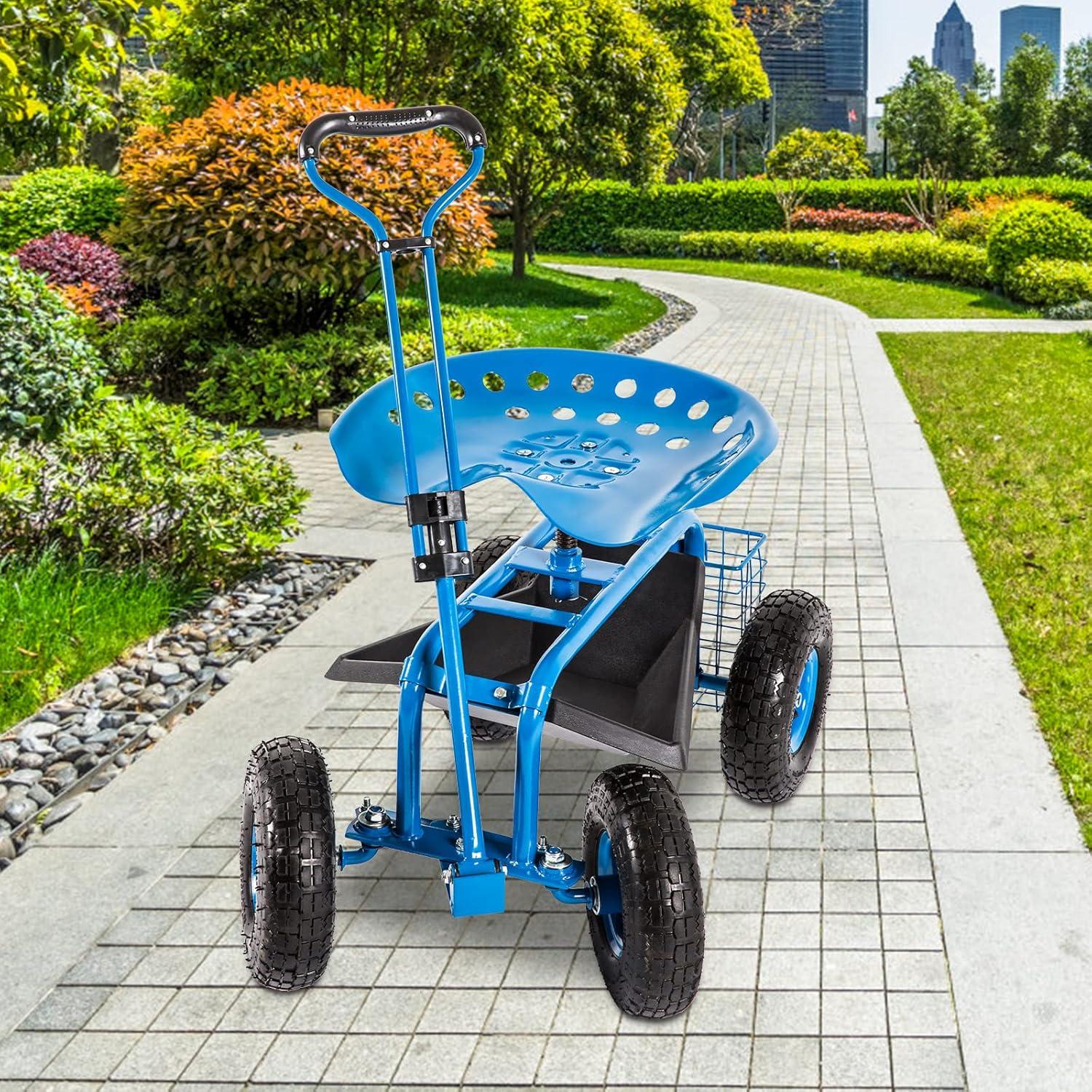 Rolling Garden Cart Scooter Stool - Garden Seat with Wheels Garden Cart with Seat, Adjustable Handle 360 Degree Swivel (Blue)