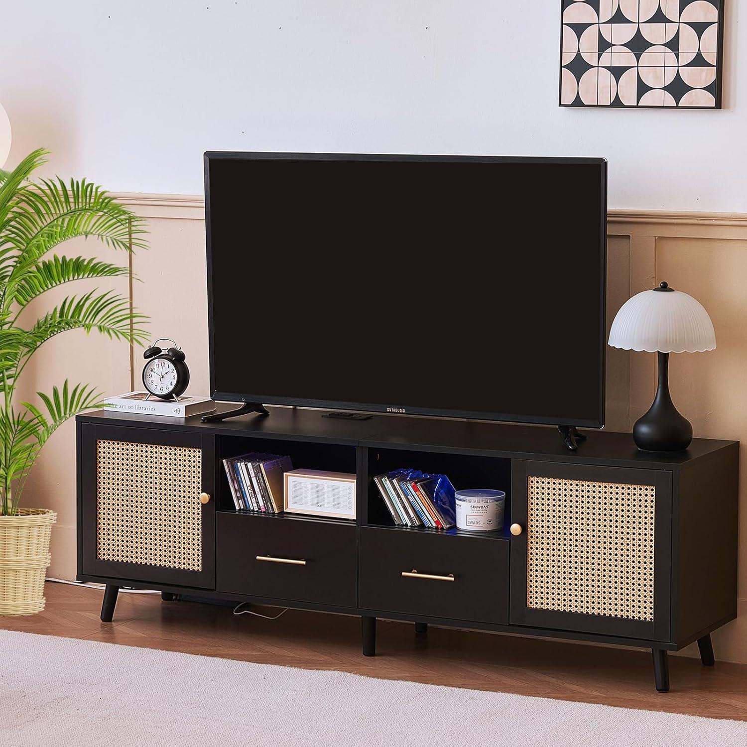 Bay Isle Home™ Heyer Large Wood Rattan TV Stand for TVs up to 75" with LED Light and Charging Station, Coastal Media Console Table, Multimedia Storage Furniture with 2 Drawers, Lighting TV Cabinet