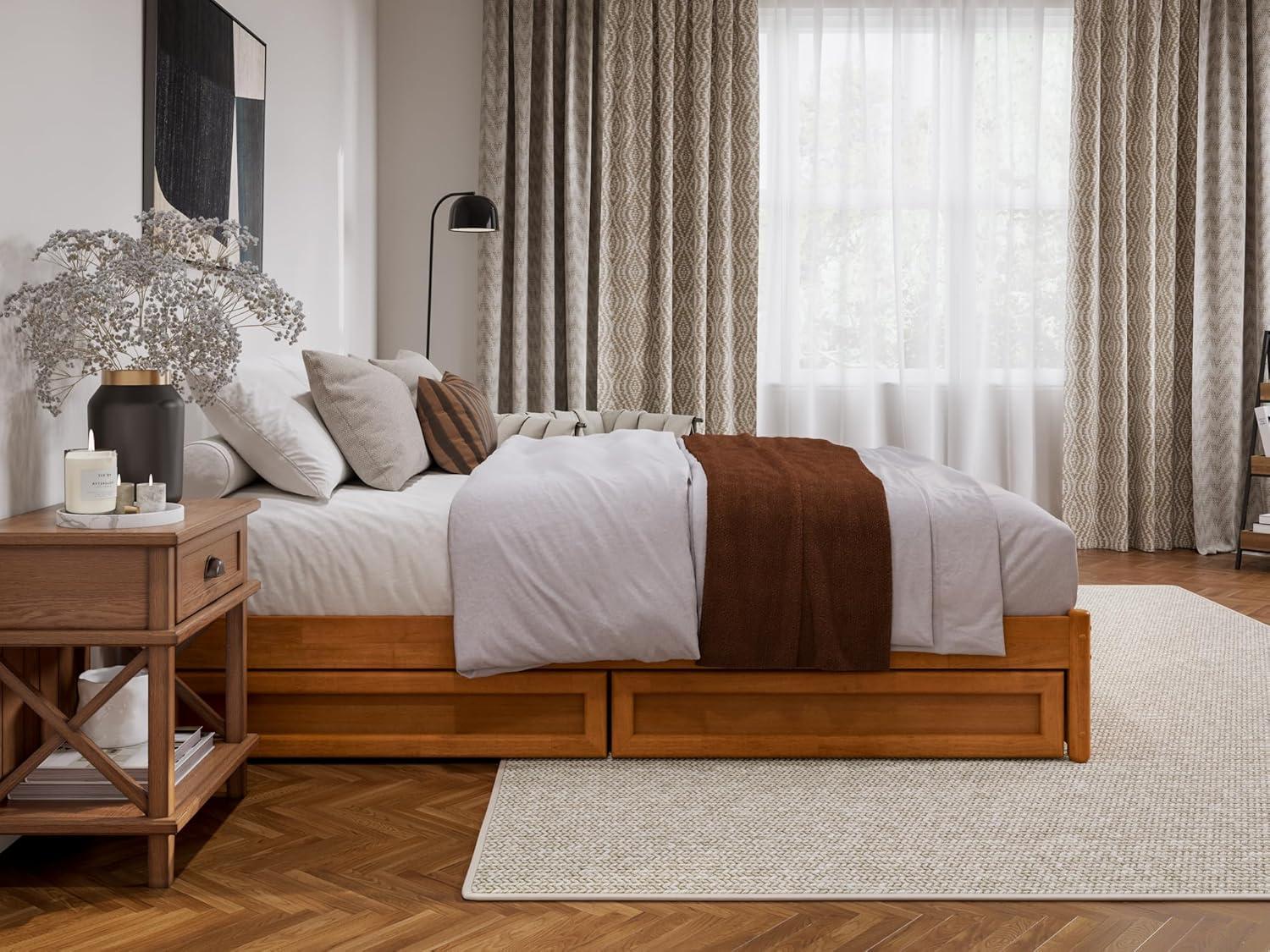 Barcelona Queen Wood Panel Platform Bed with Storage Drawers in Light Toffee