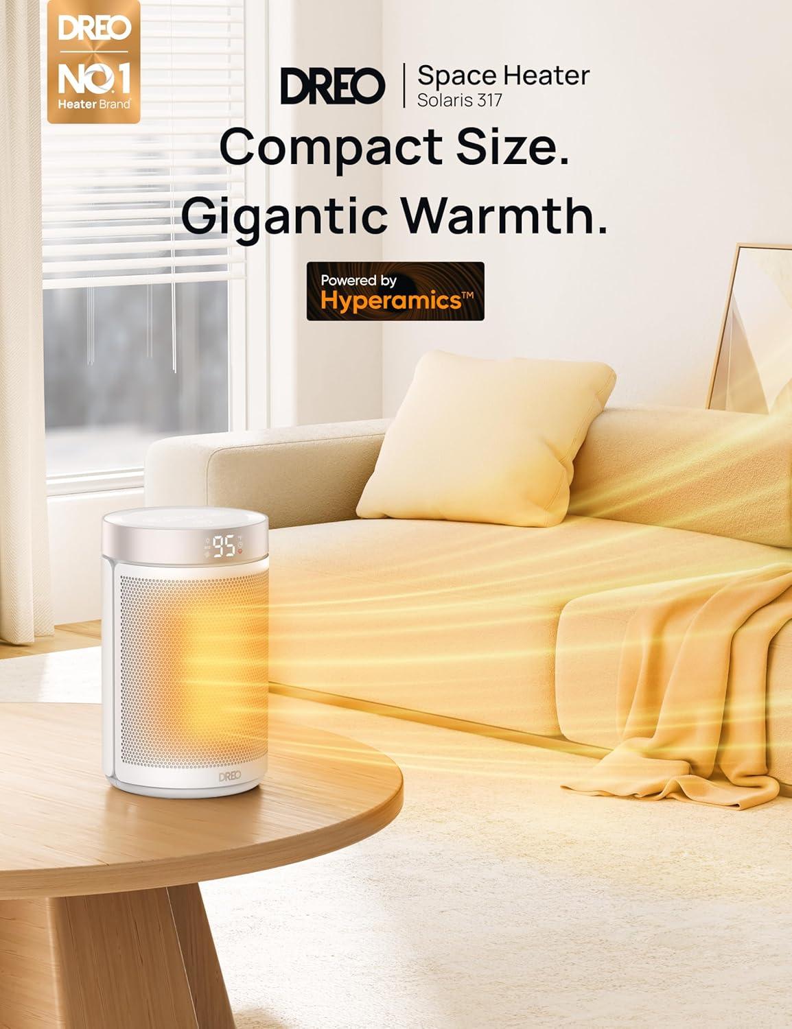 Dreo Space Heaters for Indoor Use, Portable Heater with Thermostat, 1-12H Timer, Eco Mode and Fan Mode, 1500W PTC Ceramic Fast Safety Heat for Office Bedroom Home, White