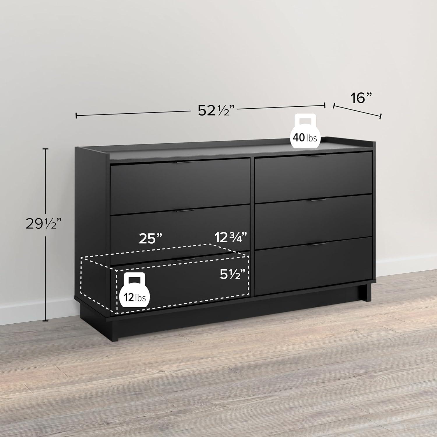 Prepac 52.5" Wide Simply Modern 6 Drawer Dresser Black