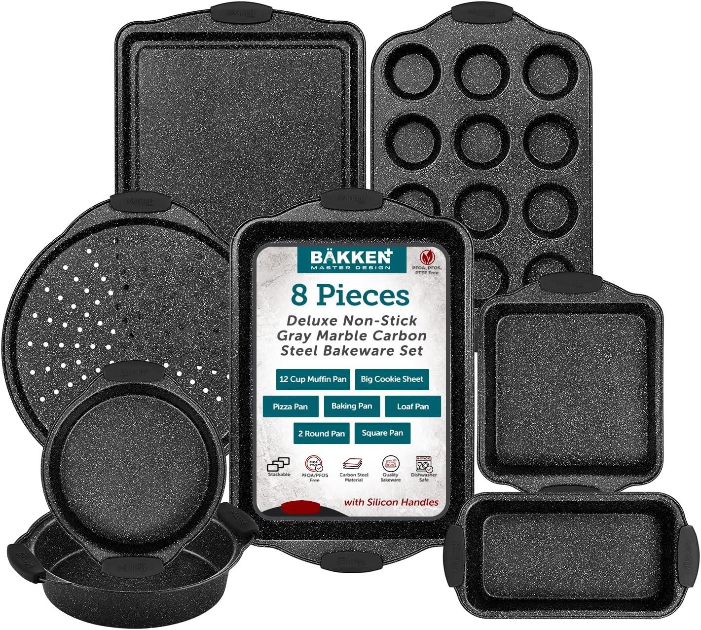 BAKKEN 8-Piece Kitchen Oven Baking Pans Set - Deluxe Nonstick Gray Marble Coating, Professional Grade Carbon Steel Bakeware with Silicone Handles