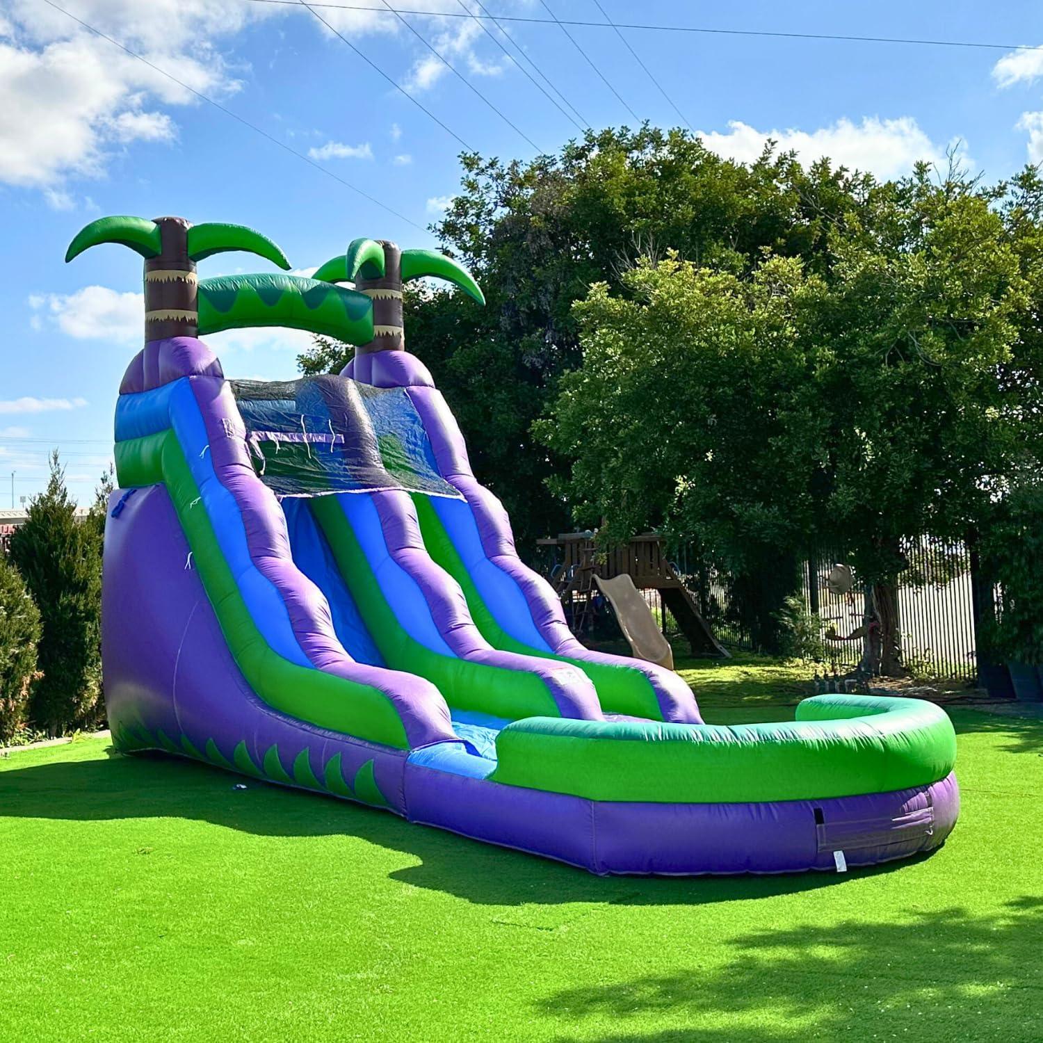 16' Purple and Green Tropical Inflatable Water Slide with Pool