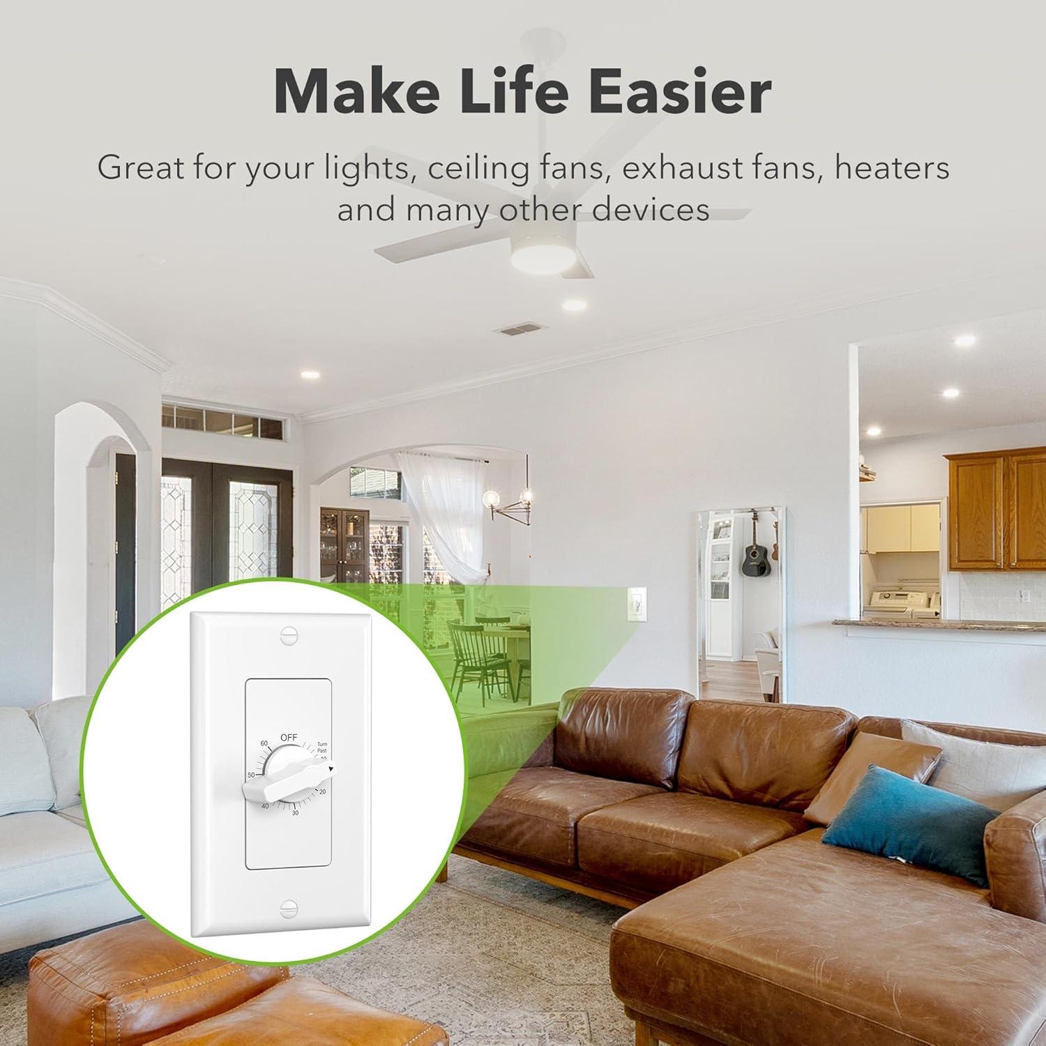 BN-LINK Heavy Duty 60-Minute in-Wall Spring Loaded Countdown Timer, Mechanical Switch,for Bathroom Fan ,Lights Timer, 2 Free Plate (White and Silver Metallic)