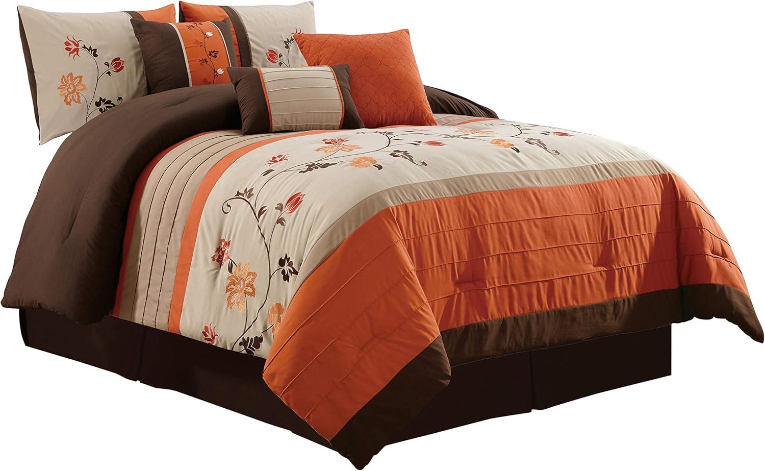 Serene 7-Piece Luxury Autumn Floral Embroidery Comforter Set, California King, Orange/Brown/Taupe