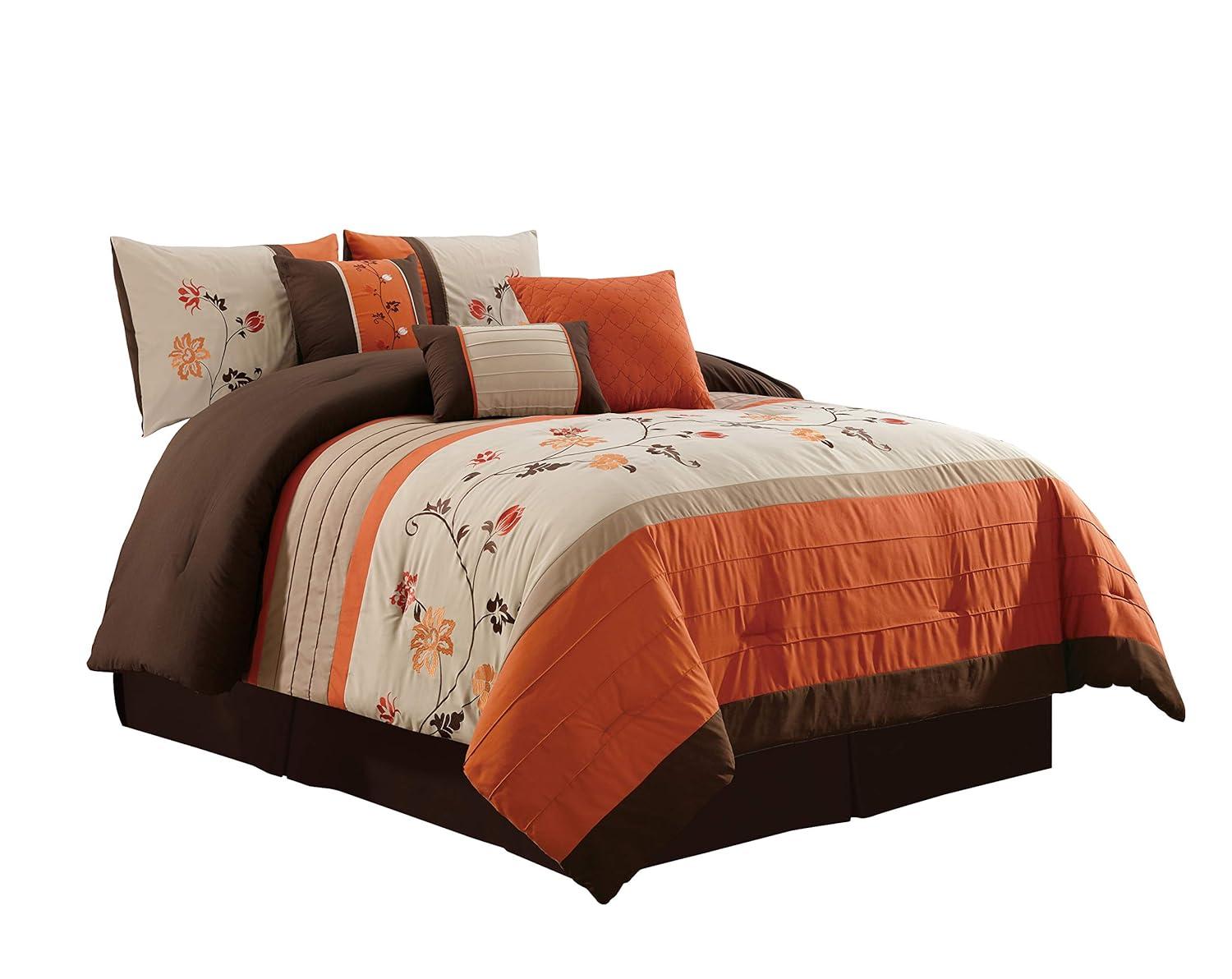 Serene 7-Piece Luxury Autumn Floral Embroidery Comforter Set, California King, Orange/Brown/Taupe