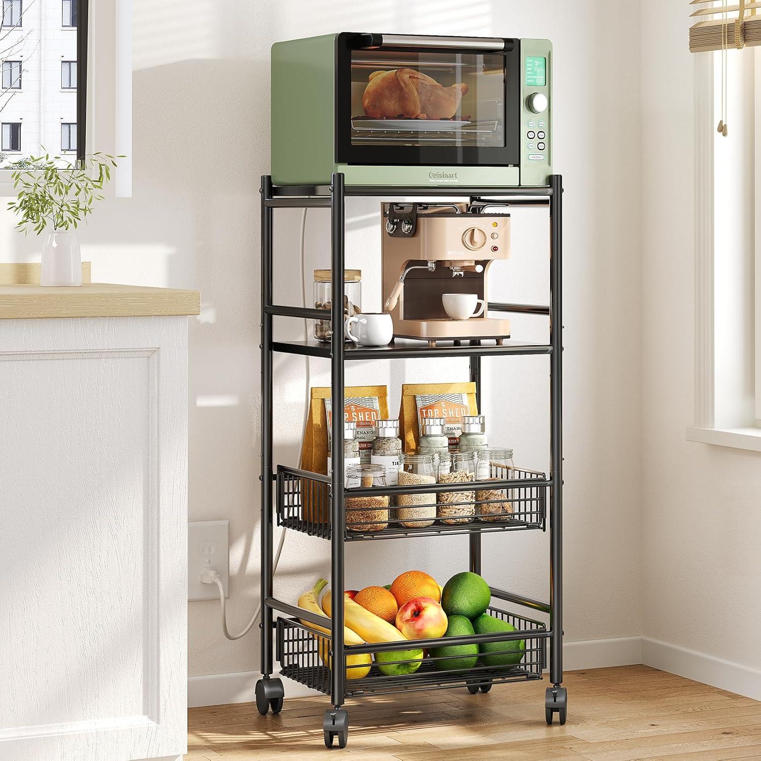 Kitchen Microwave Stand Shelf - 4 Tiers Metal Bakers Rack with Casters, Coffee Bar Station with Storage, Black