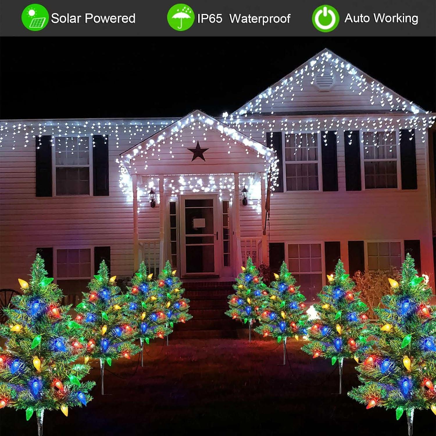 Homeleo 4 Set Solar Christmas Tree w/ 80pcs C6 LED Christmas Lights for Outdoor Christmas Decorations,Solar Powered Prelit Small Christmas Tree for Holiday Outside Pathway Garden Yard Decor C42