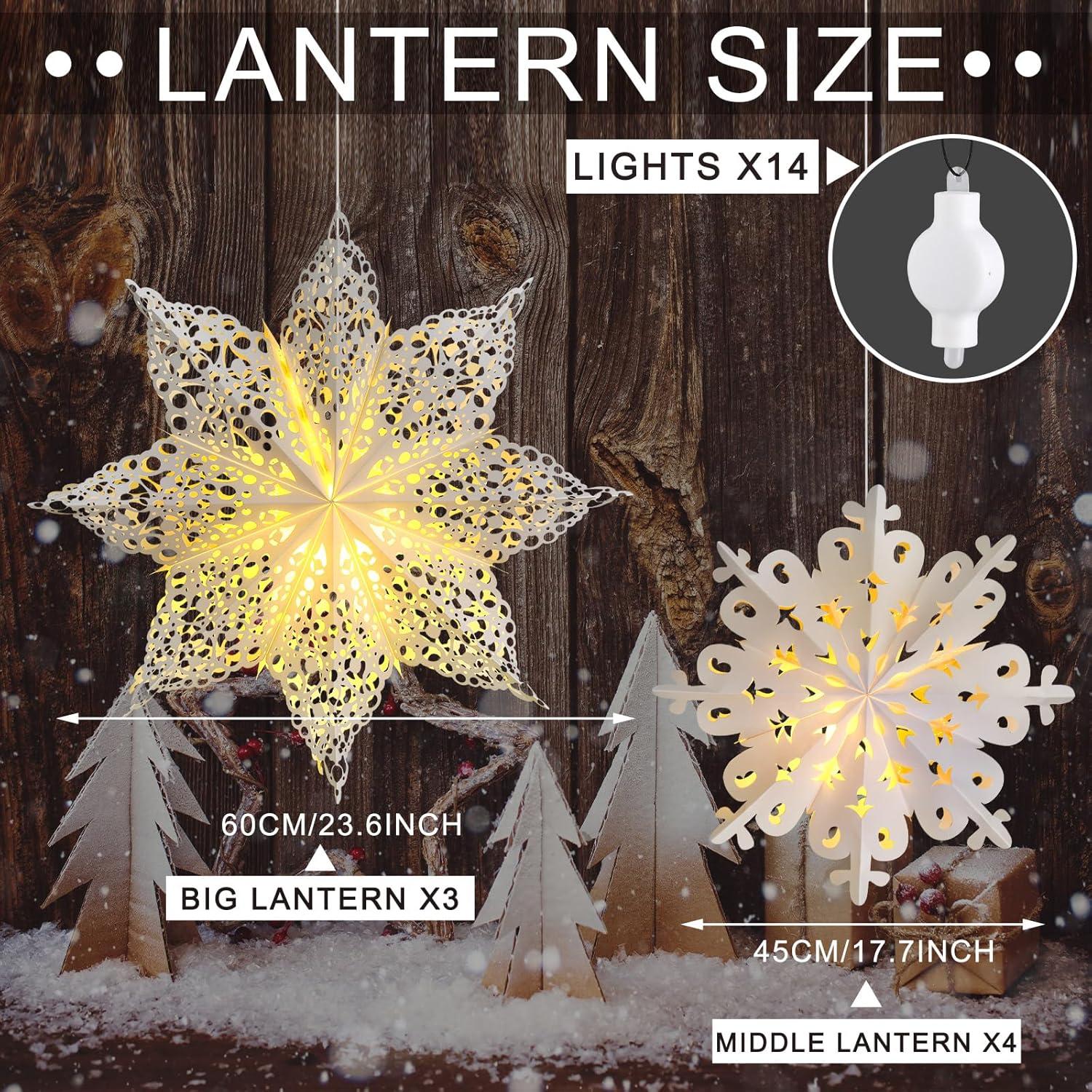 Mudder 5 Pieces Christmas Snowflake Paper Lantern with 7 Light up Star Paper 3D Hanging Lantern Lamp Party Decoration for Weddings Holiday Xmas Trees(Cute Style,White)