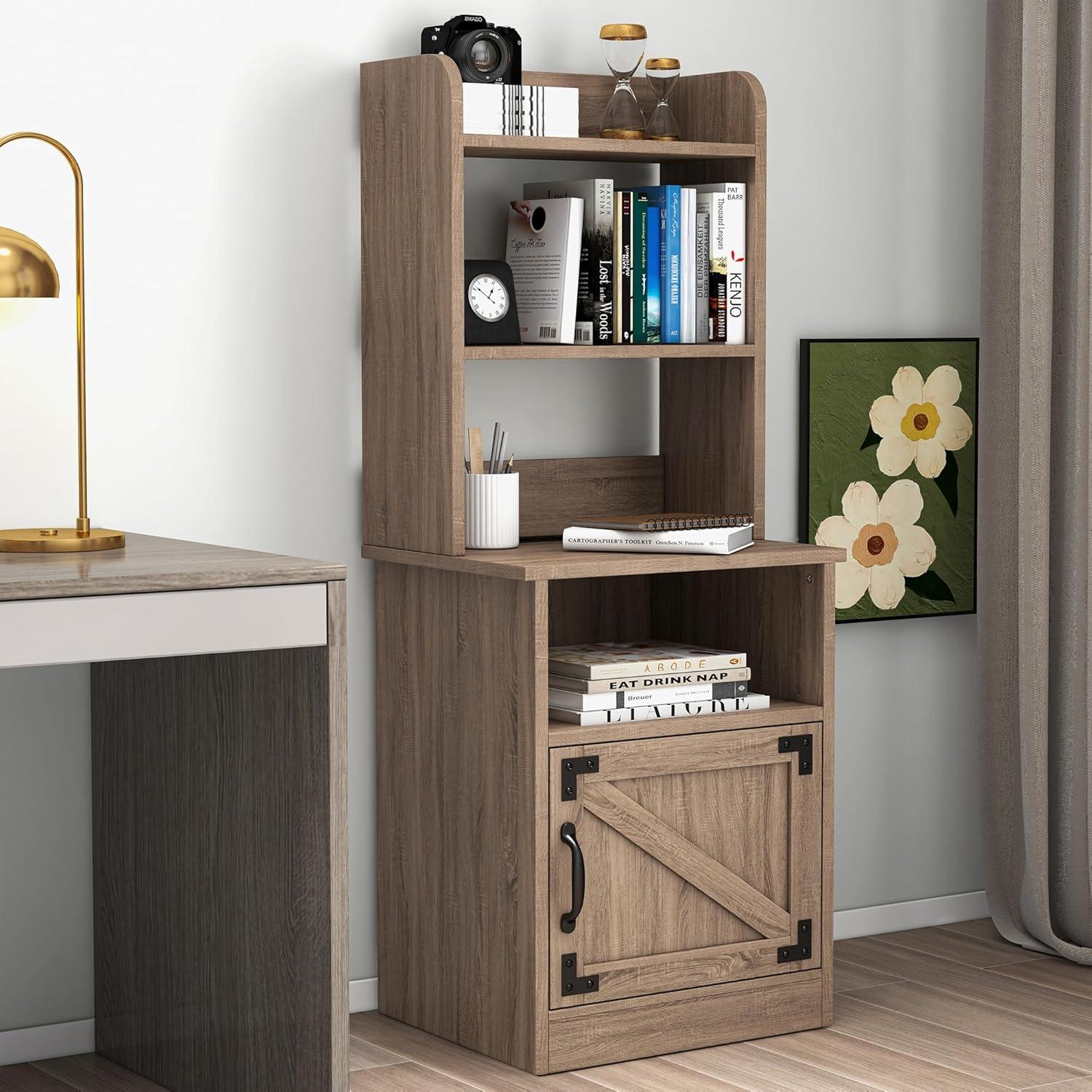 Tall Light-Brown Wood Nightstand with Bookshelf and Charging Station