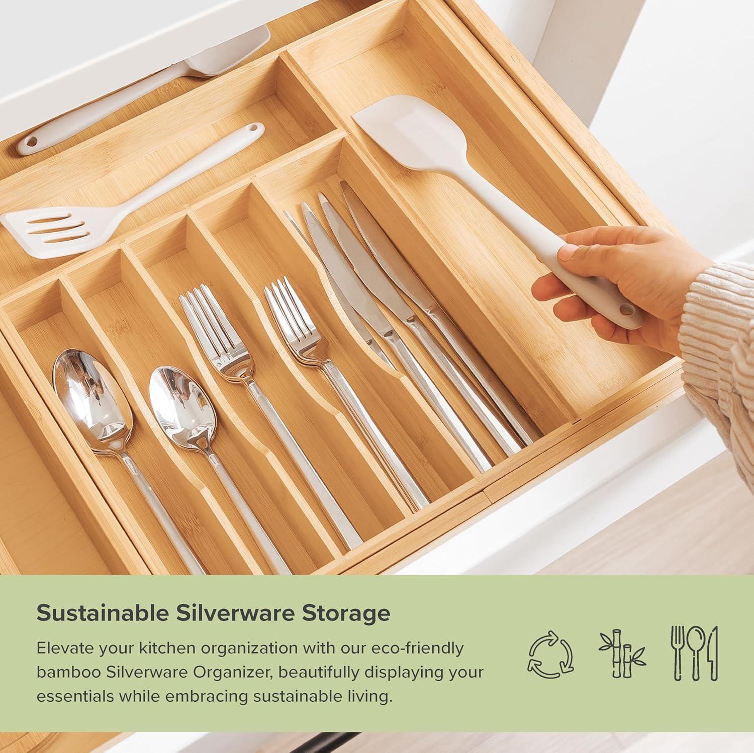 KitchenEdge Utensil Bamboo Organizer for Kitchen Drawers, Expandable to 28 in, 10 Compartments