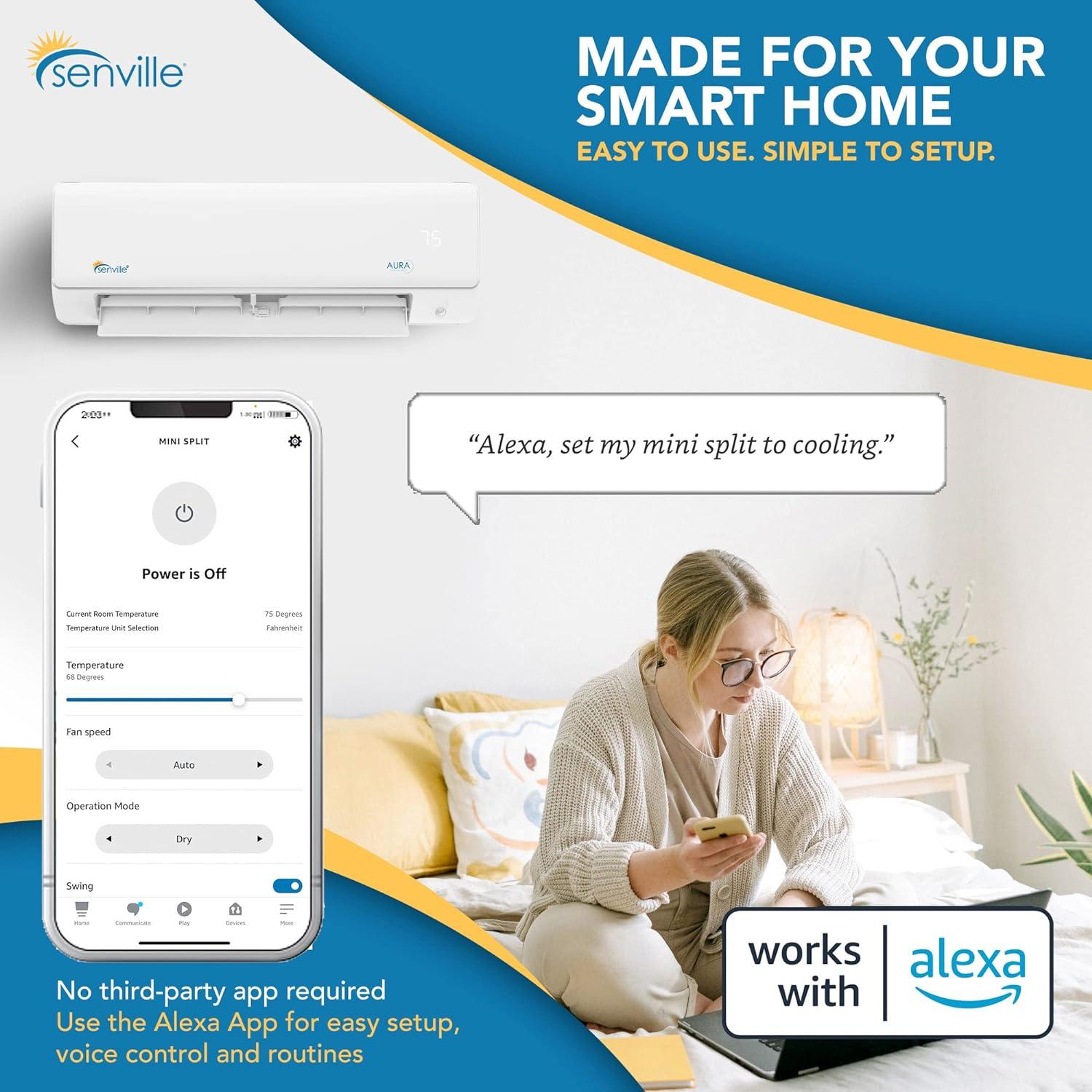 Senville 18000 BTU Wi-Fi Connected Ductless Mini Split Air Conditioner for 1200 Square Feet with Heater and Remote Included