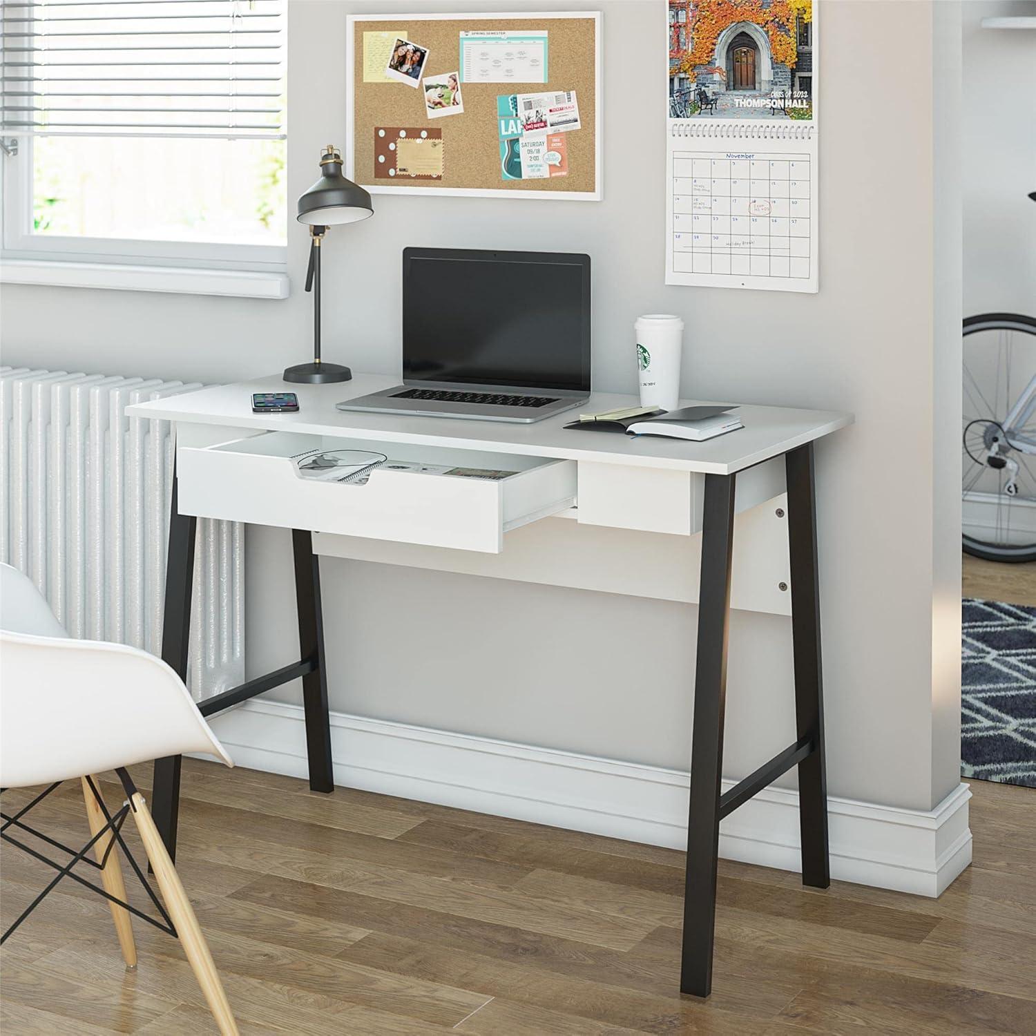 White and Black Wood Computer Desk with Drawer