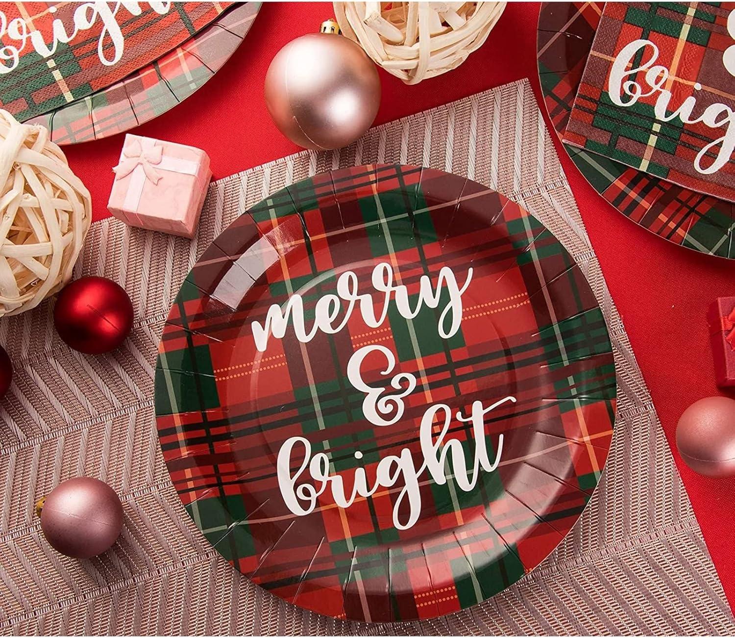 Juvale 144 Piece Christmas Dinnerware with Plaid Paper Plates, Napkins, Cups, Cutlery, Merry & Bright (Serves 24) - Paper Plate - Christma Napkin