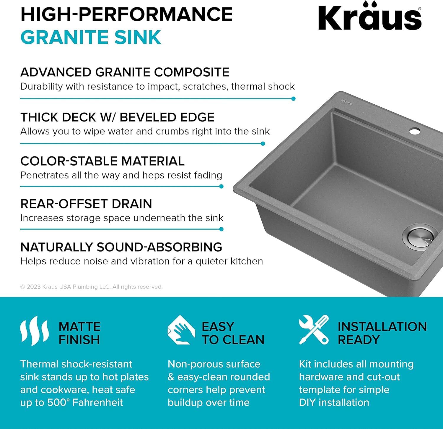 Kraus KGTW12-25MGR KRAUS Bellucci Granite Composite Workstation Drop-In Top Mount Single Bowl Kitchen Sink with Accessories