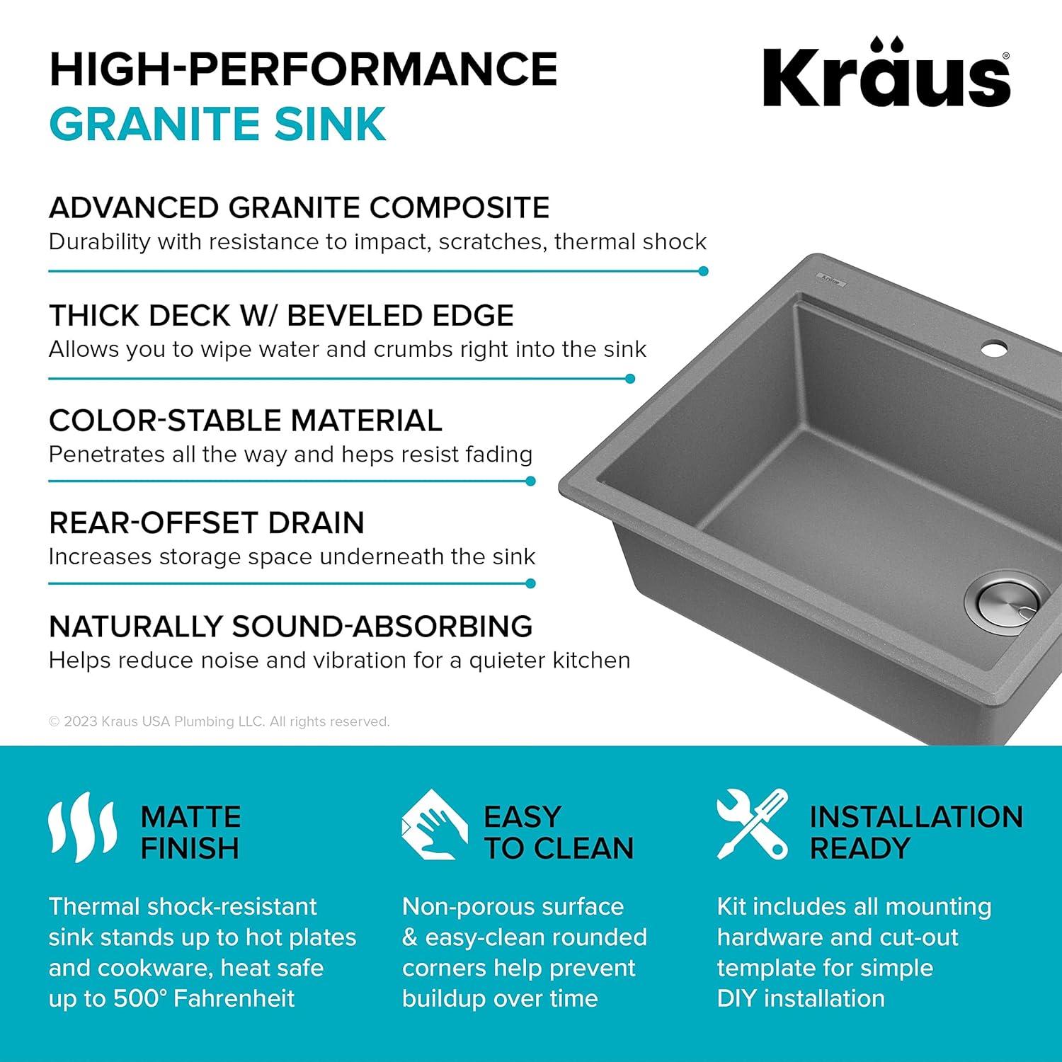 Kraus KGTW12-25MGR KRAUS Bellucci Granite Composite Workstation Drop-In Top Mount Single Bowl Kitchen Sink with Accessories