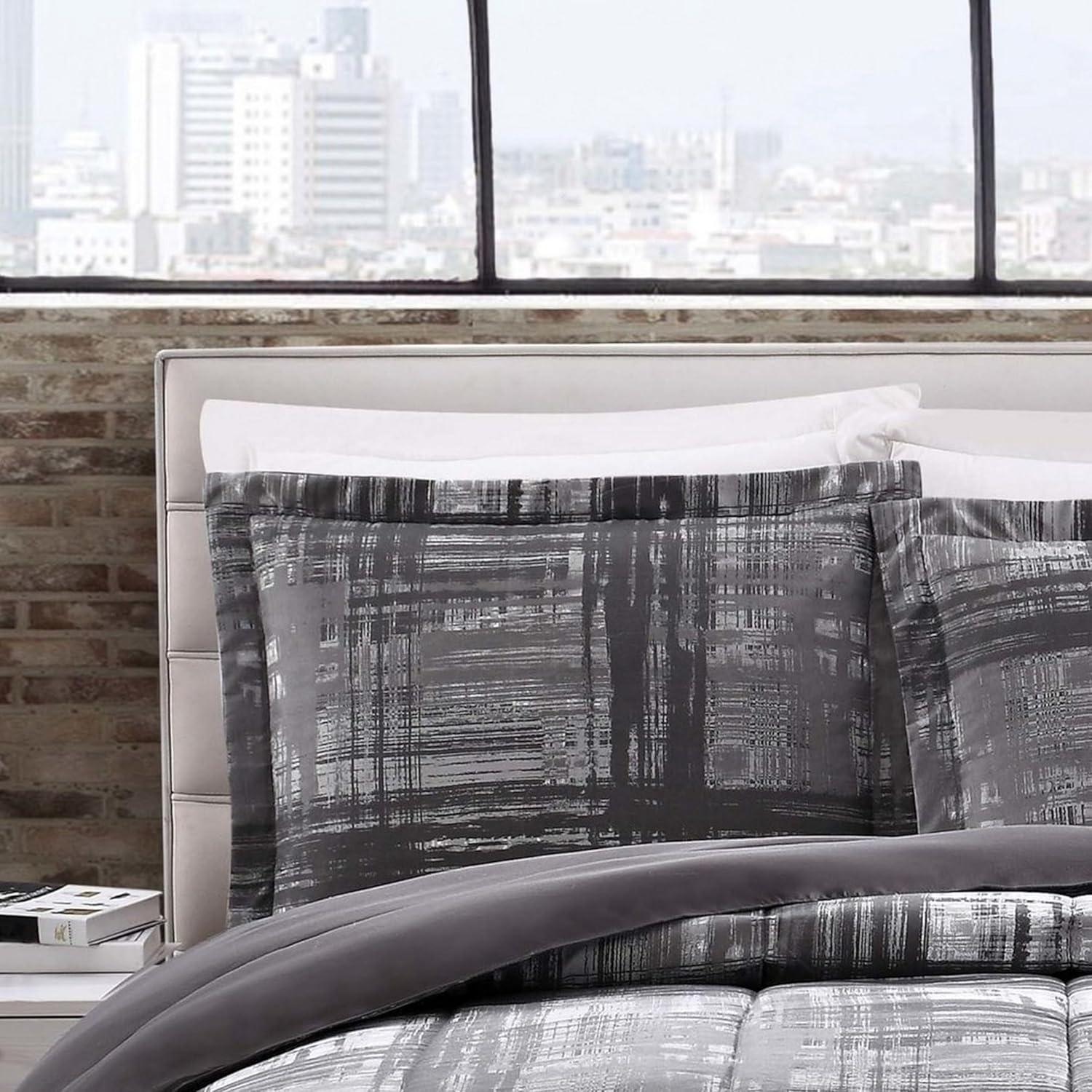 Style 212 Camden Plaid King Comforter Set 3-Piece Gray/White Abstract Bedding Sets, King