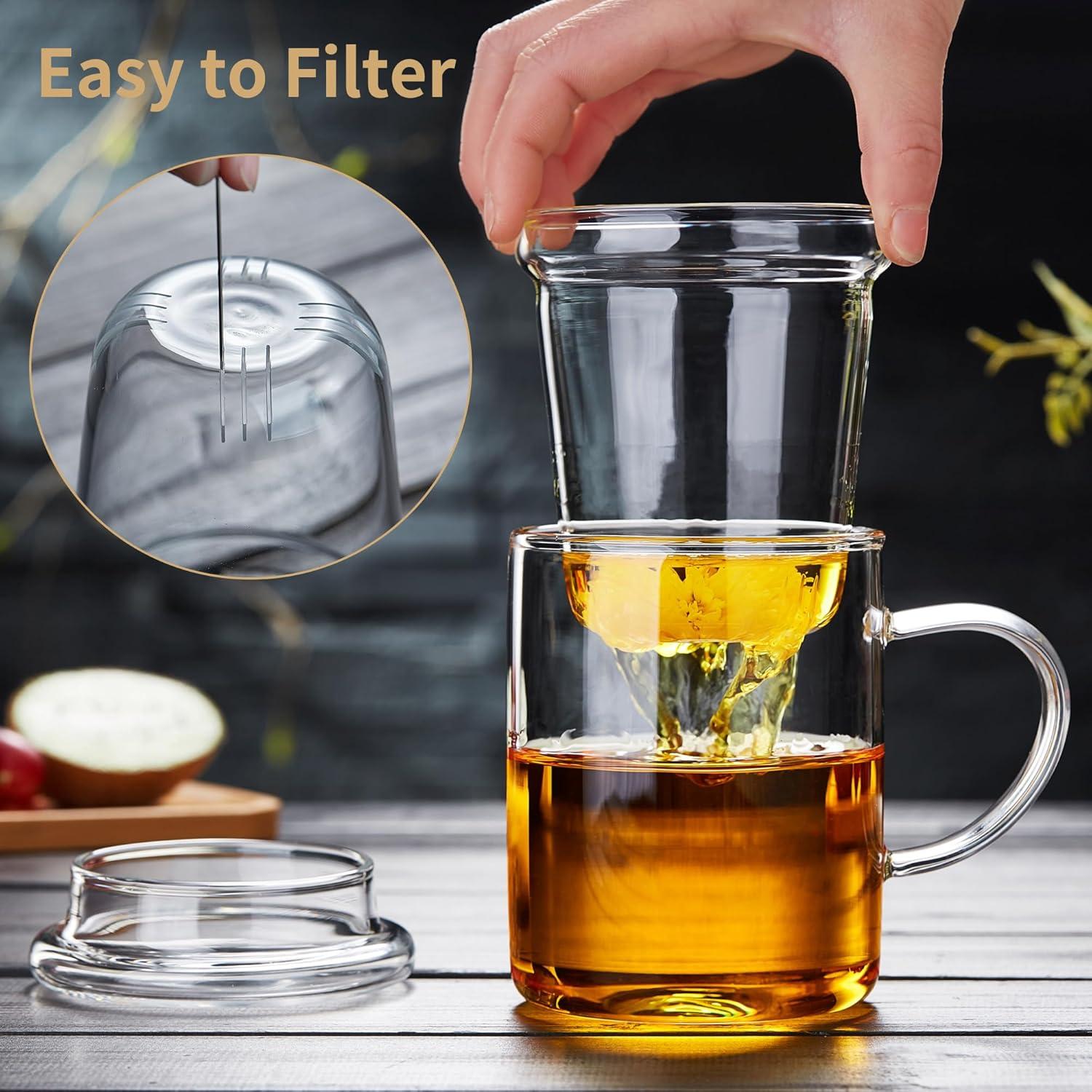 Glass Tea Cup with Infuser and Lid, 17OZ Large Borosilicate Glass Tea Cup with Strainer,Clear Glass Tea Mugs for Loose Leaf Tea,Blooming Tea,Tea Bag,Tea Cute Mushroom, Christmas gift
