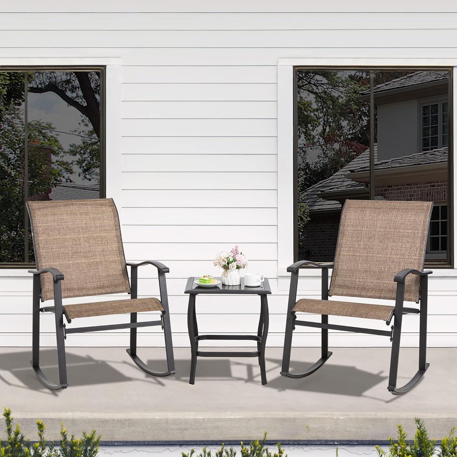 Sobaniilo 3 Piece Outdoor Rocking Bistro Set, Textilene Fabric Rocking Chair Set with Glass Table, Brown