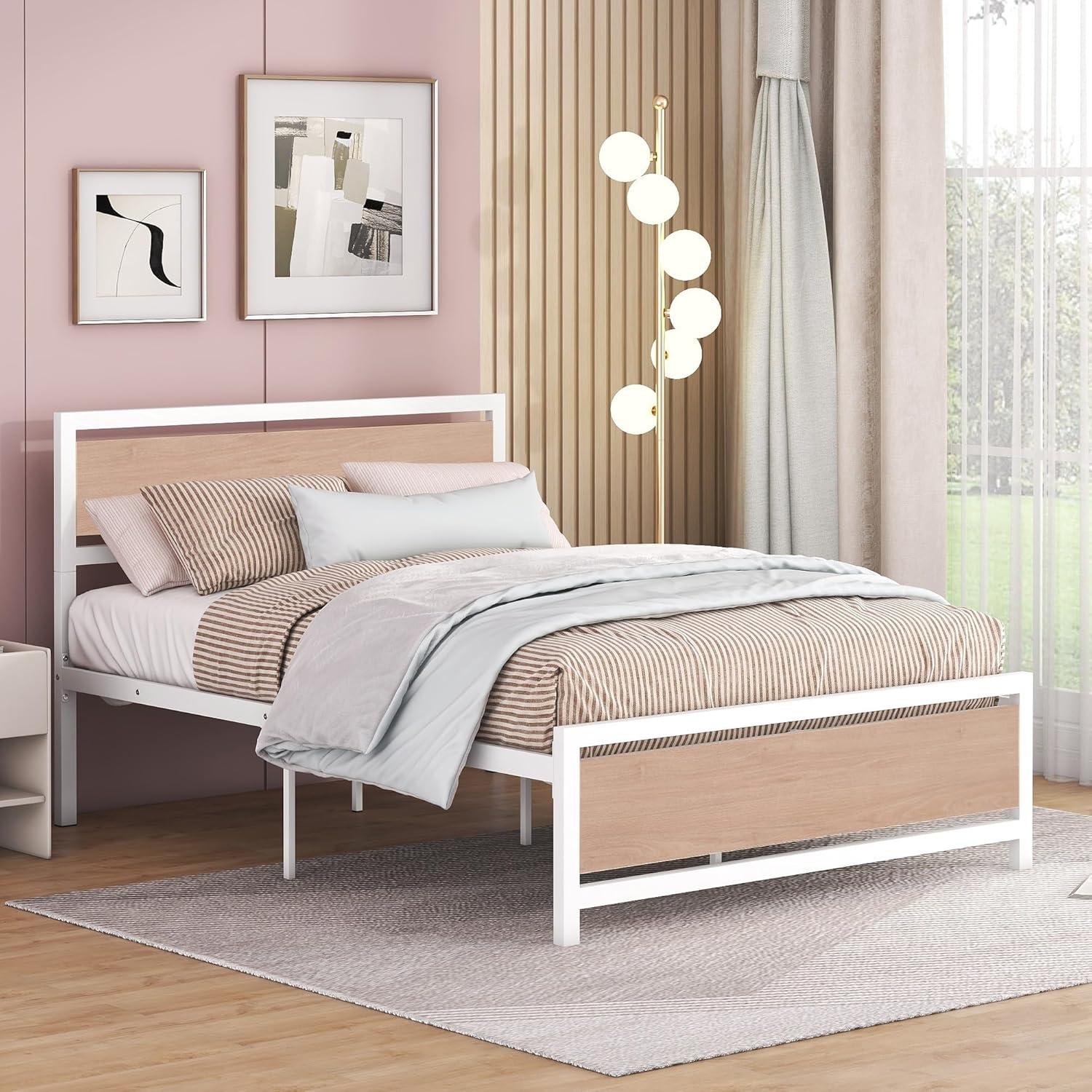 Full Size White Metal and Oak Platform Bed with Headboard