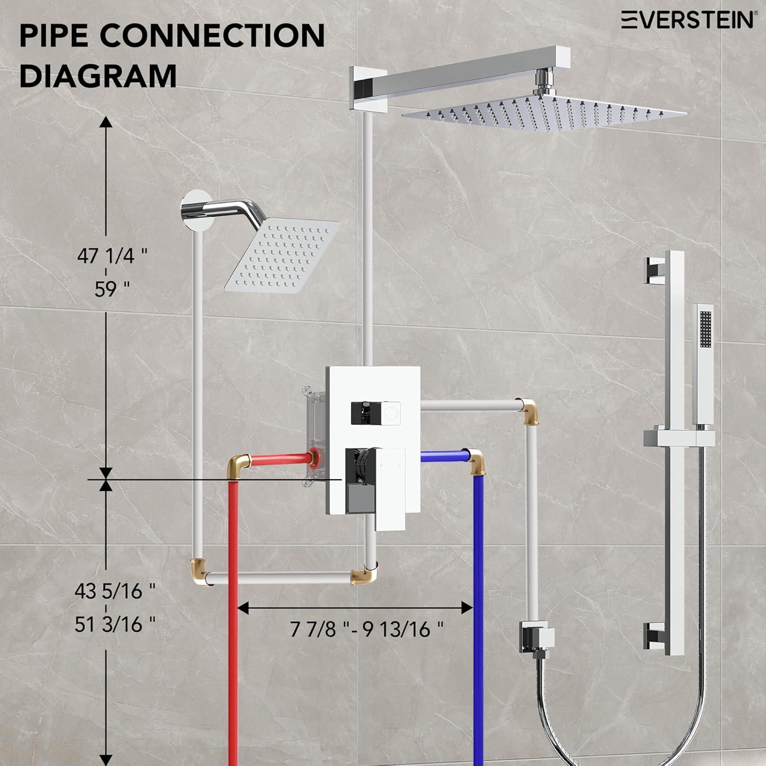 EVERSTEIN DualJetSpa 10-Inch High-Pressure Rainfall Shower Faucet with Handheld Spray, Wall Mount Dual Showerheads System with Slide Bar and Rough-in Valve SFS-1059-CH10