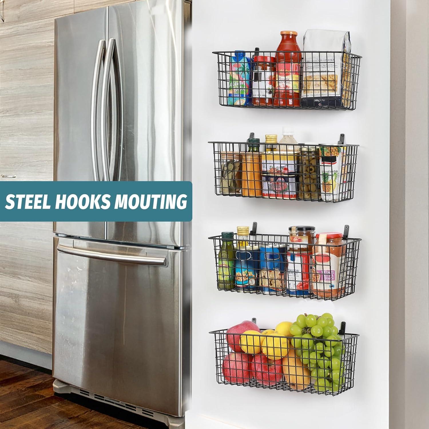 AOZITA [2 Wall Mounting Options], 4 Set EXTRA LARGE Hanging Wall Mount Basket for Storage with Adhesive Hooks & Steel Hooks, Sturdy Wire Metal Baskets, Home Kitchen Bathroom Pantry Organizer, Black