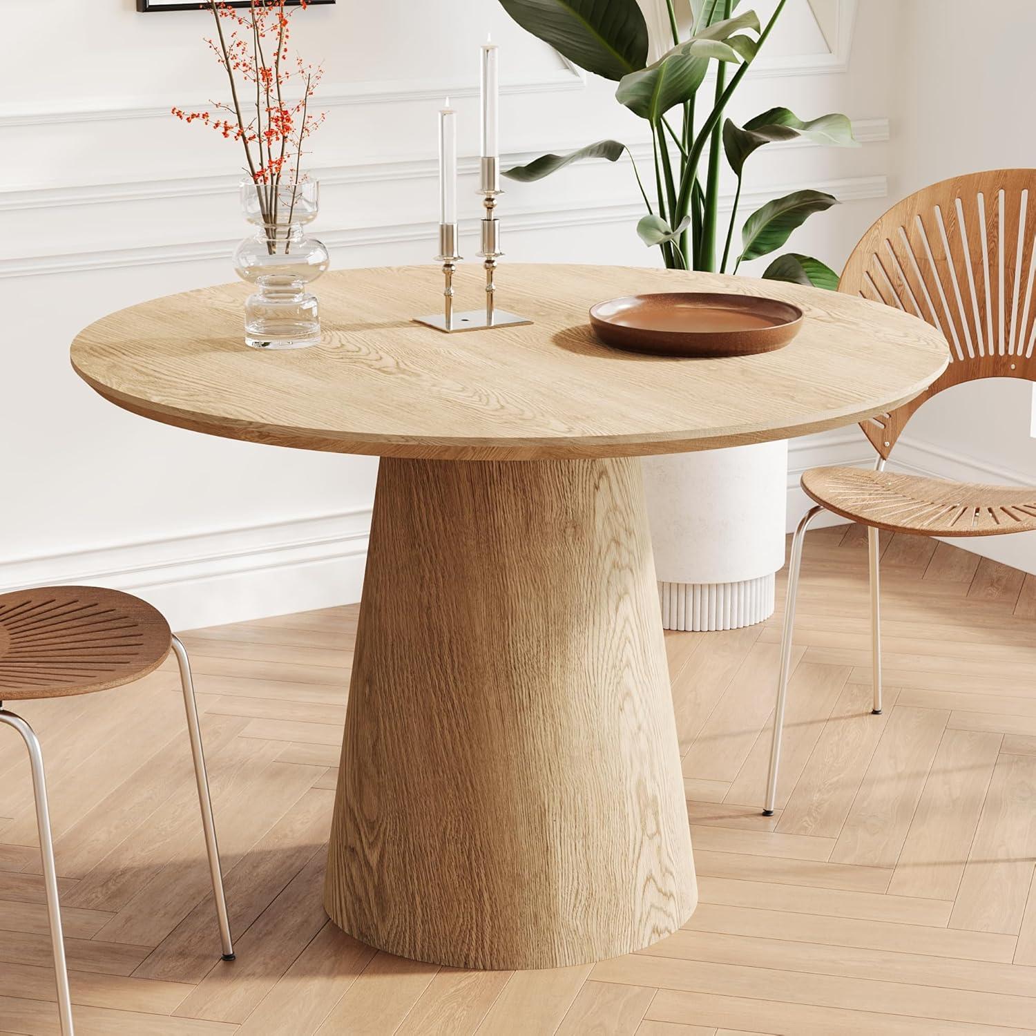 Round Dining Table for 4 to 6, 47.24" Modern Wood Kitchen Table Mid Century Circular Tabletop Curved Base Restaurant Furniture for Dining Room Kitchen Leisure Coffee Table, Oak