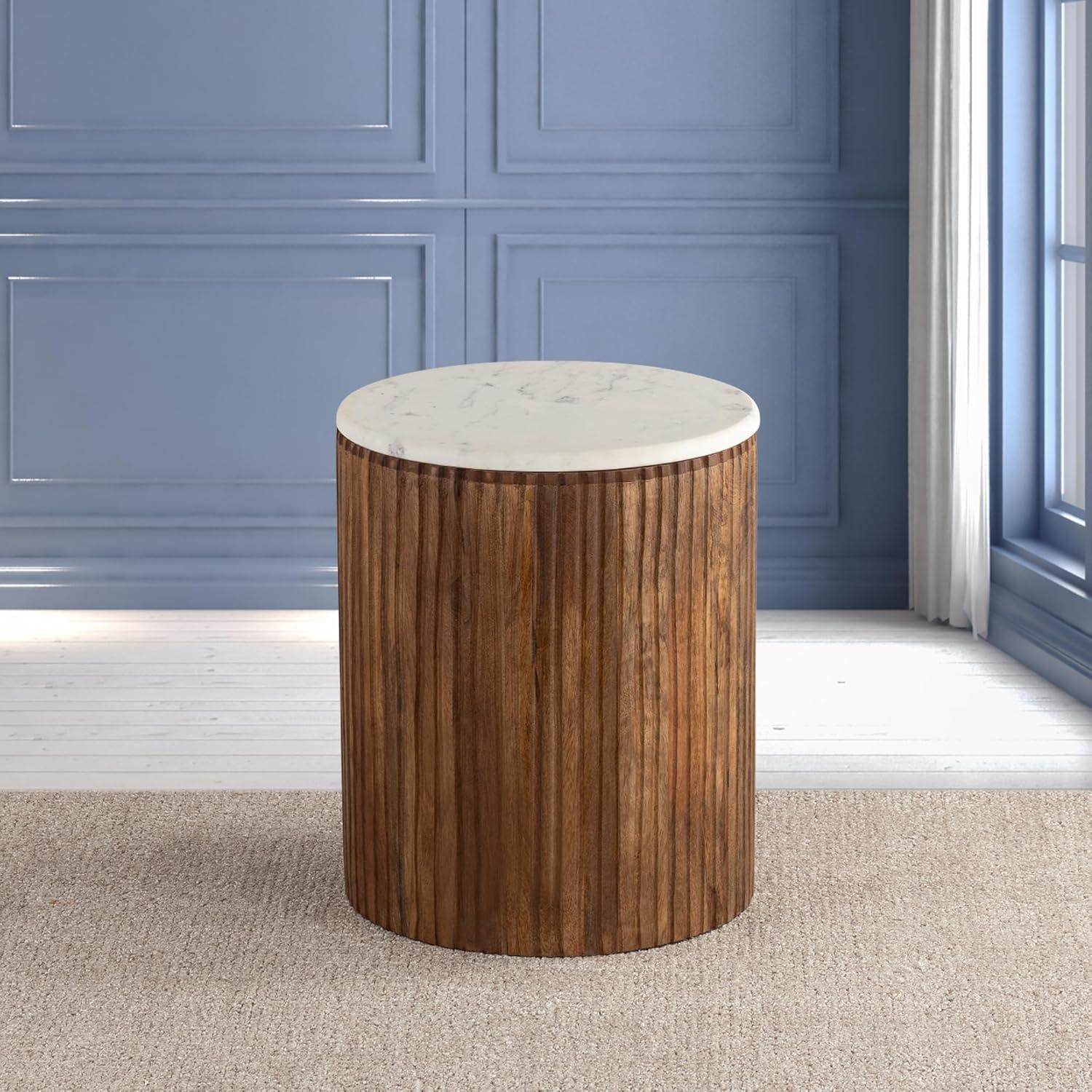 Round Marble Top Solid Mango Wood Decorative Cylindrical Base Side/End Table,Contemprary Accent Side/End Table,Fully Assembled, for The Living Room and Bedroom Gray