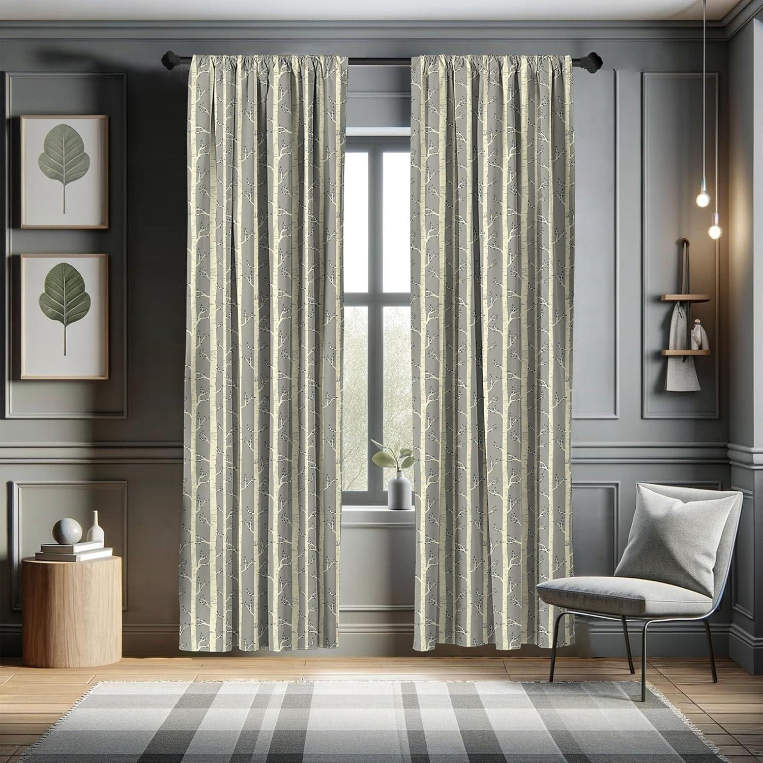 Ambesonne Birch Curtains, Trees Nature Boho Composition, Pair of 28"x95", Pale Yellow and Warm Taupe