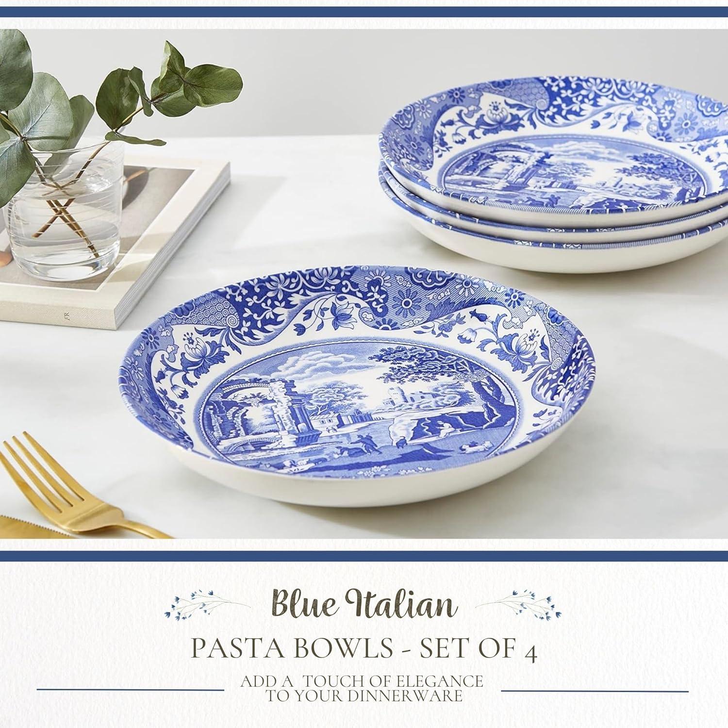 Spode Blue Italian Ascot 8-Inch Cereal Bowl - Decorative Earthenware Dinnerware with Scenic Border Design