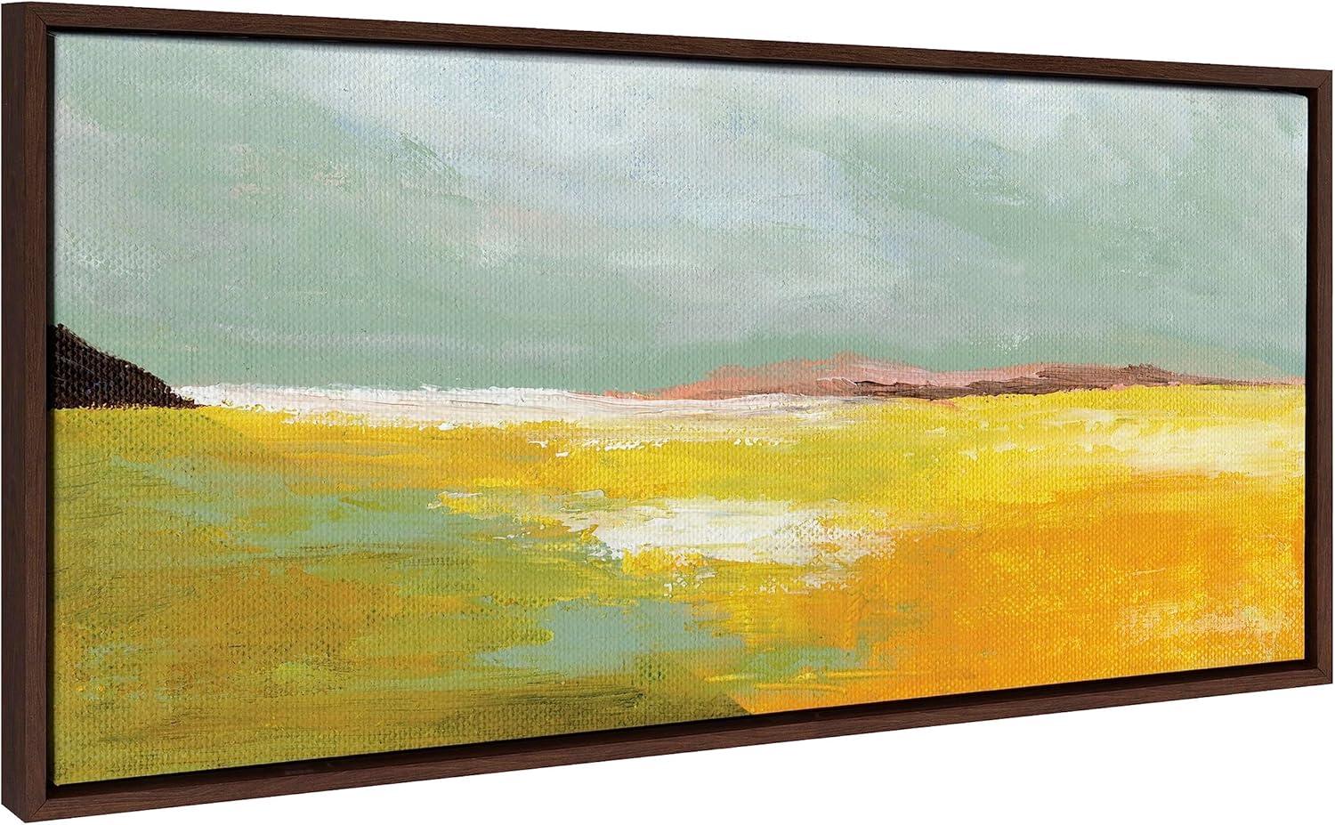 Kate and Laurel Sylvie Golden Root Lake Framed Canvas Wall Art by Nikita Jariwala, 18x40 Brown, Soft Abstract Prairie Landscape Art for Wall Decor