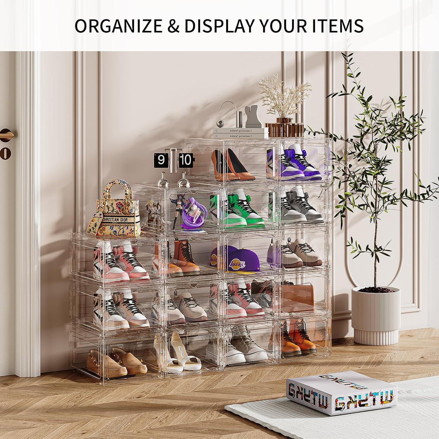 Upgraded Thickened Sturdy Large Shoe Boxes Clear Plastic Stackable 8 Pack Shoe Storage Organizer for Closet/Entryway, Drop front Shoe Box with Magnetic Door, Shoe Display Case, Fit up to US size 14