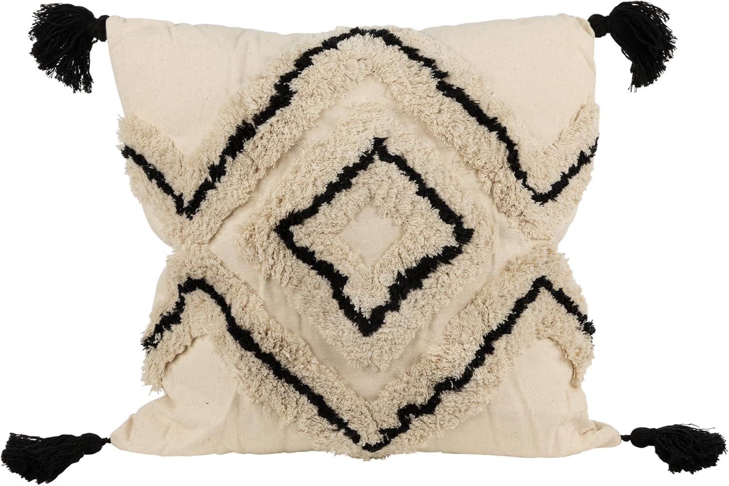 Beige and Black Boho Cotton Square Throw Pillow with Tassels