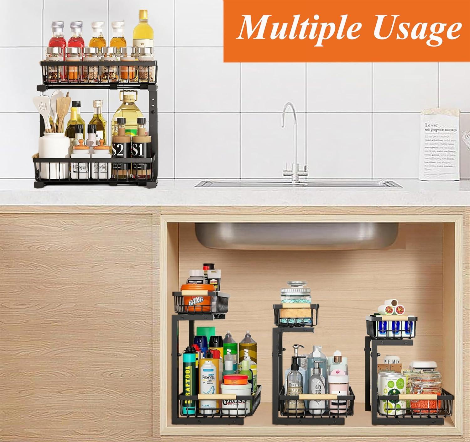 Rebrilliant Under Sink Organizer, 2 Tier Under Sink Organizers And Storage, Metal Slide Out Pull Out Cabinet Organizer ,2 Pack Sliding Drawer Organizer For Kitchen Bathroom Pantry