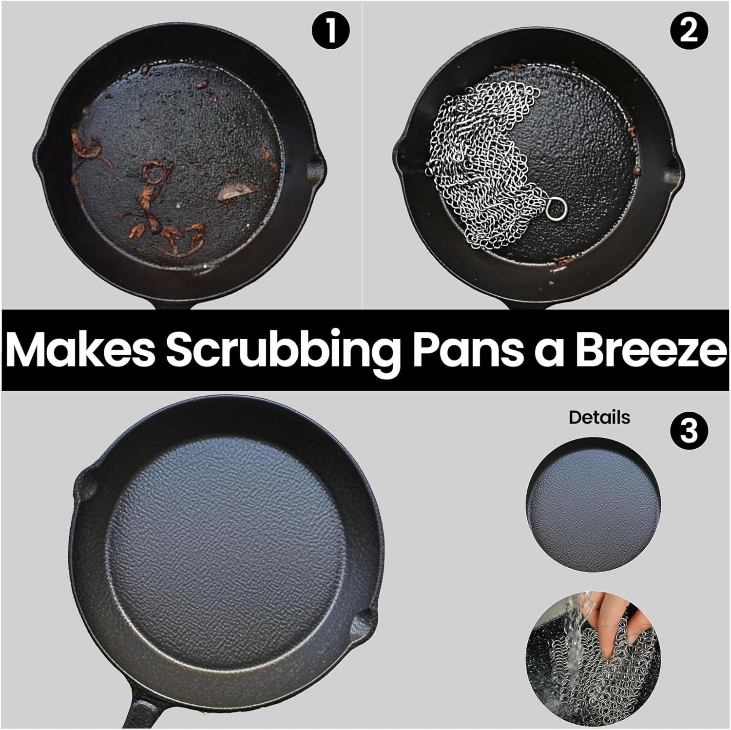 Cast Iron Scrubber 316 Stainless Steel Skillet Cleaner 8"x6" Chainmail Scrubber Scraper Chain Mail Link Scrub for Cast Iron Pre-Seasoned Pans, Griddles, BBQ Grills, and Pot Cookware Cleaning