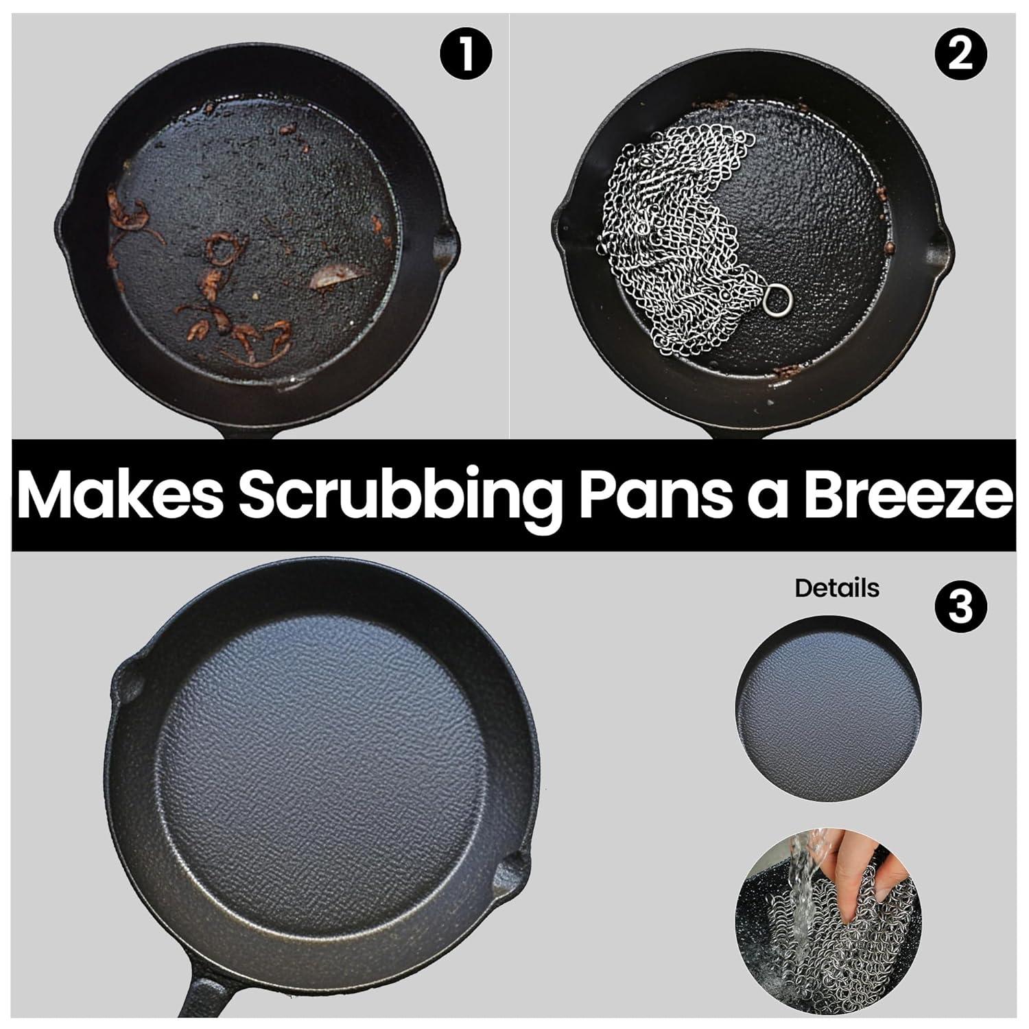 Cast Iron Scrubber 316 Stainless Steel Skillet Cleaner 8"x6" Chainmail Scrubber Scraper Chain Mail Link Scrub for Cast Iron Pre-Seasoned Pans, Griddles, BBQ Grills, and Pot Cookware Cleaning