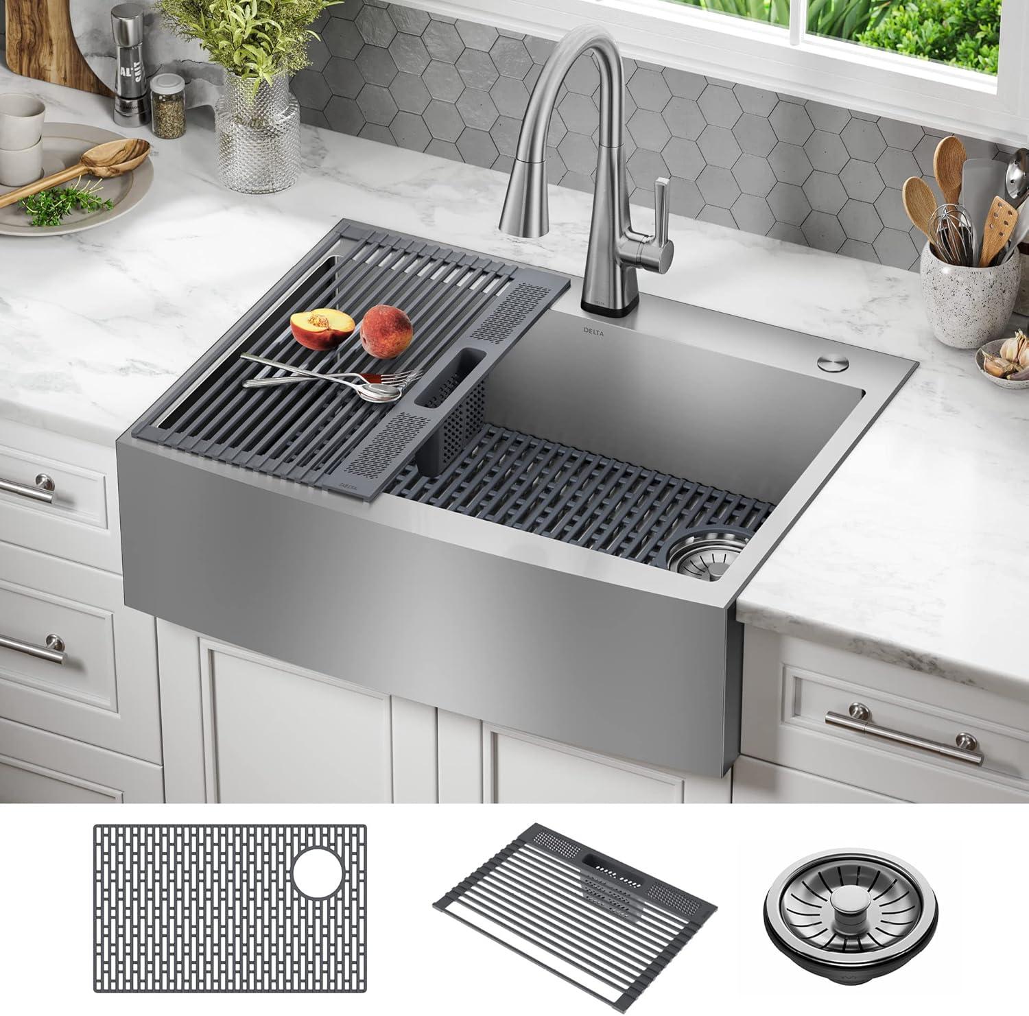 Lenta Retrofit Farmhouse Apron Front 16 Gauge Stainless Steel Single Bowl Kitchen Sink for Top Mount Installation