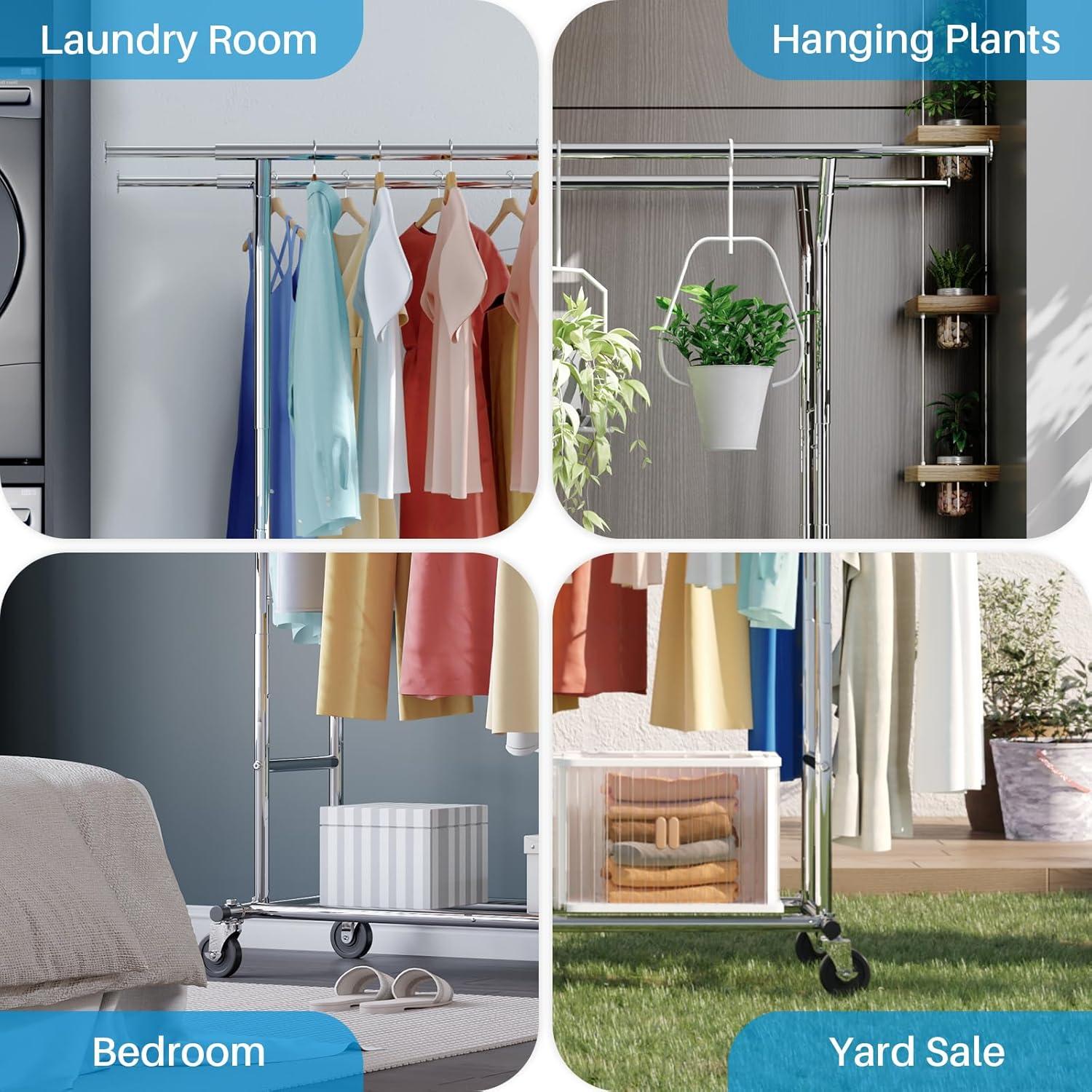 Chrome Portable Heavy-Duty Rolling Garment Rack with Adjustable Shelves